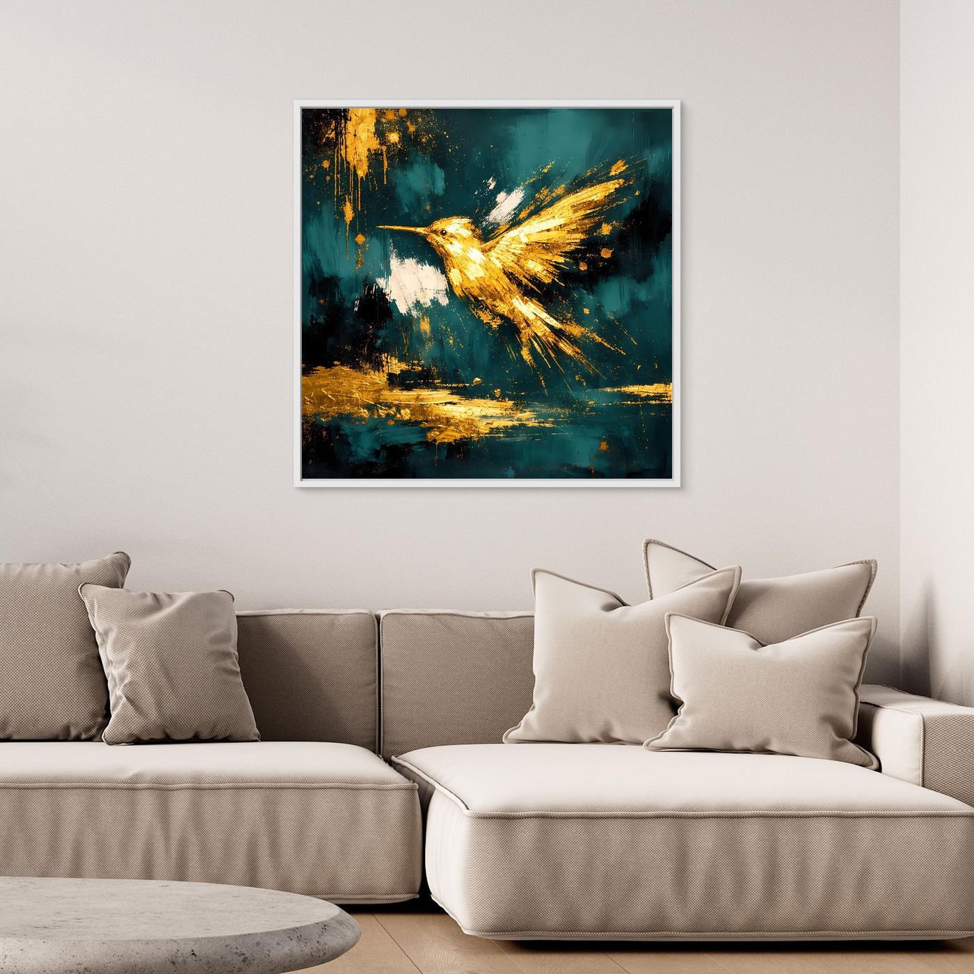 Leinwand Goldener Kolibri im Flug | Abstraktes Modernes Vogel Wandbild Kunst