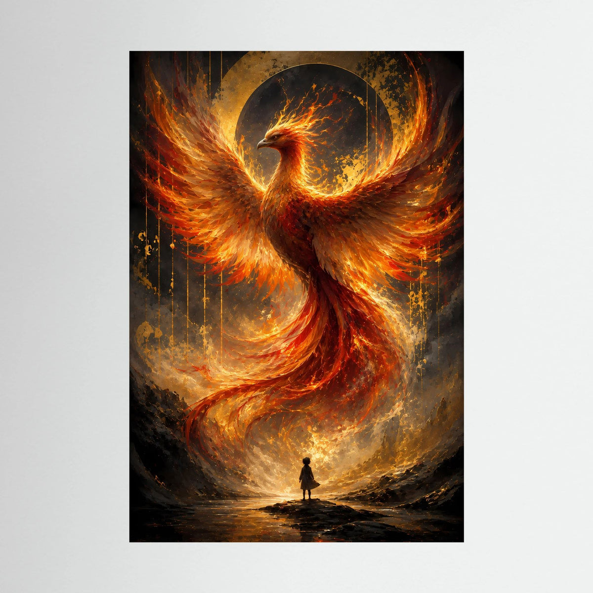 Hochformatiges Poster mit Phönix aus Feuer in Gold und Orange, zentrale Flammengestalt