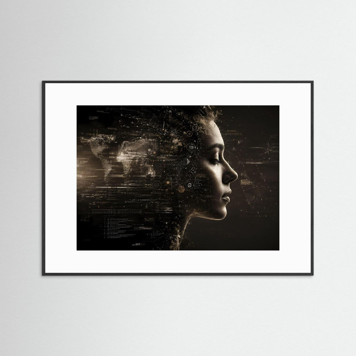 Querformat-Poster mit Frauenprofil in Schwarz und Gold, schwarzer Rahmen mit weißem Rand