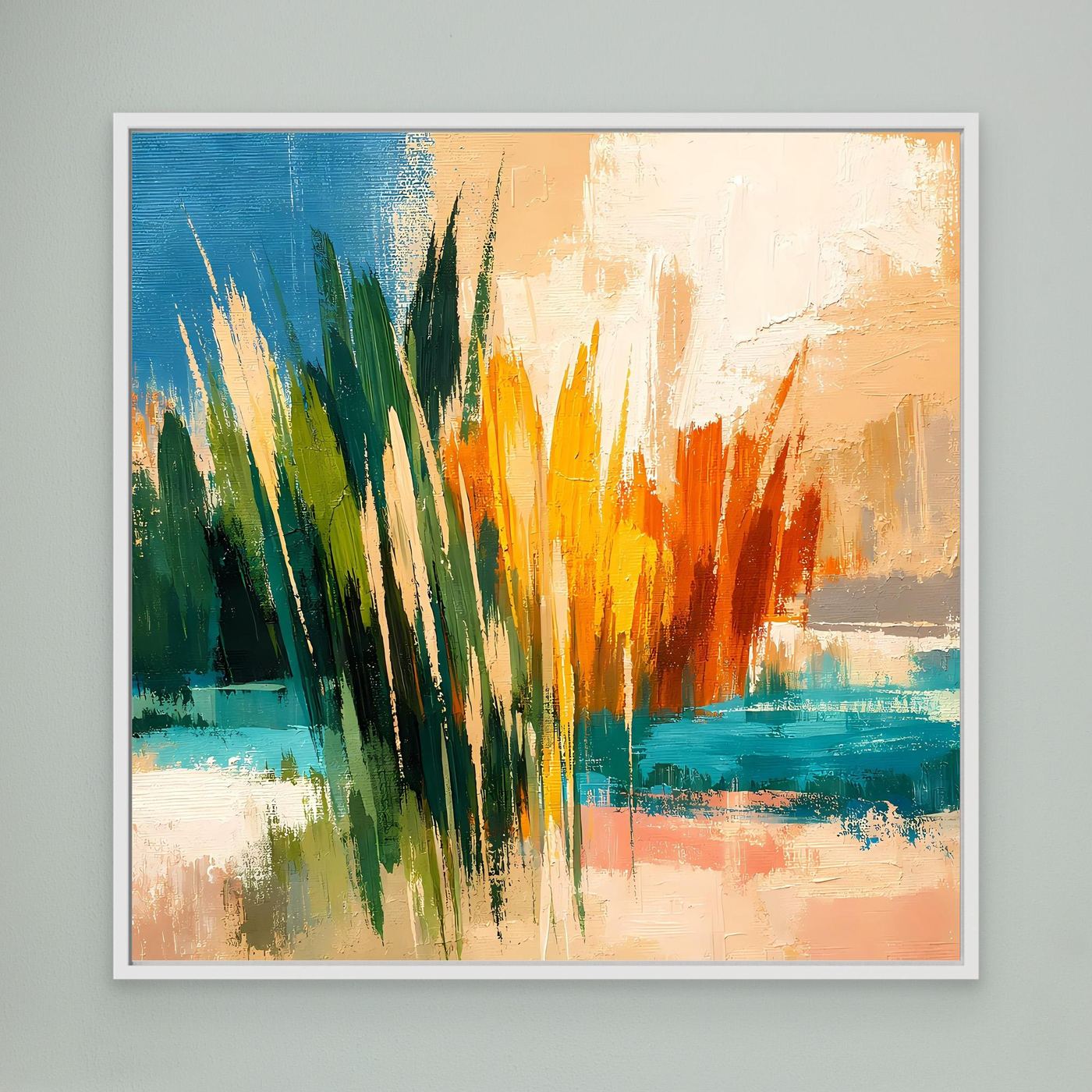 Wandbild mit abstrakter Schilflandschaft und Meer, weißer Rahmen