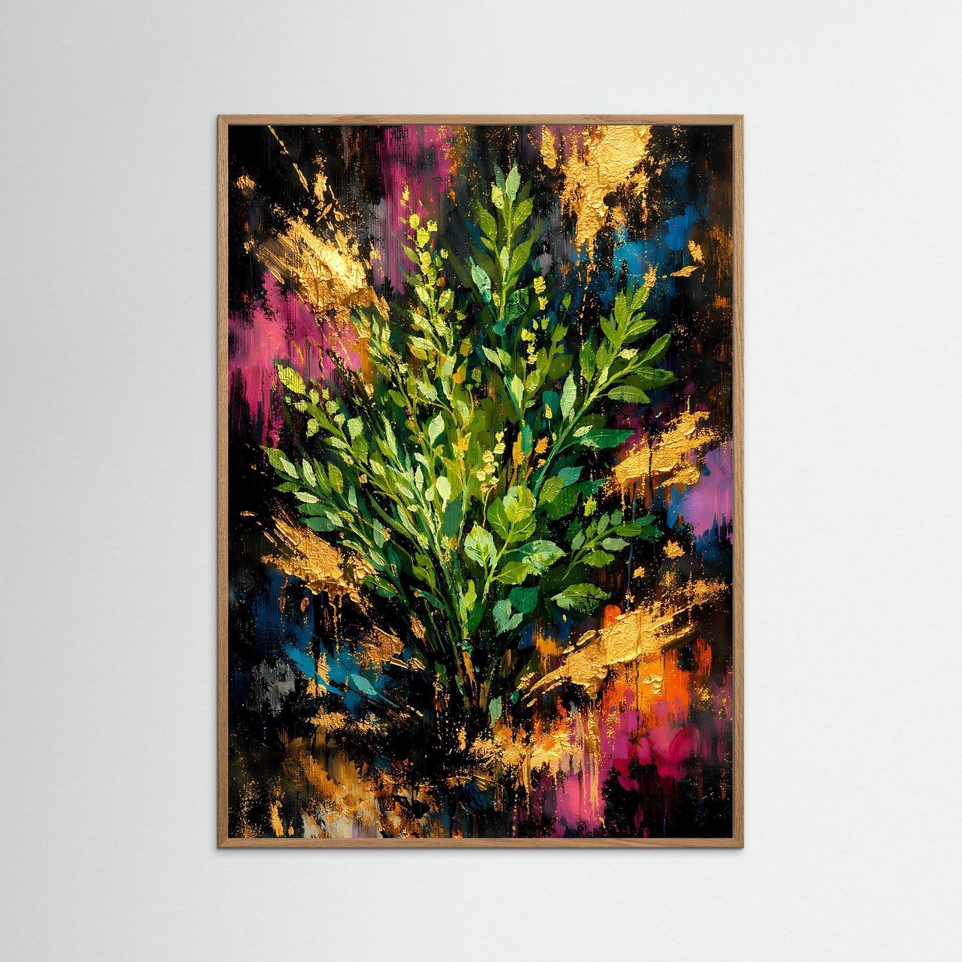 Poster im Hochformat mit abstrakten Eukalyptusblättern in Grün und Gold, bunte Spritzer, dunkler Holzrahmen.
