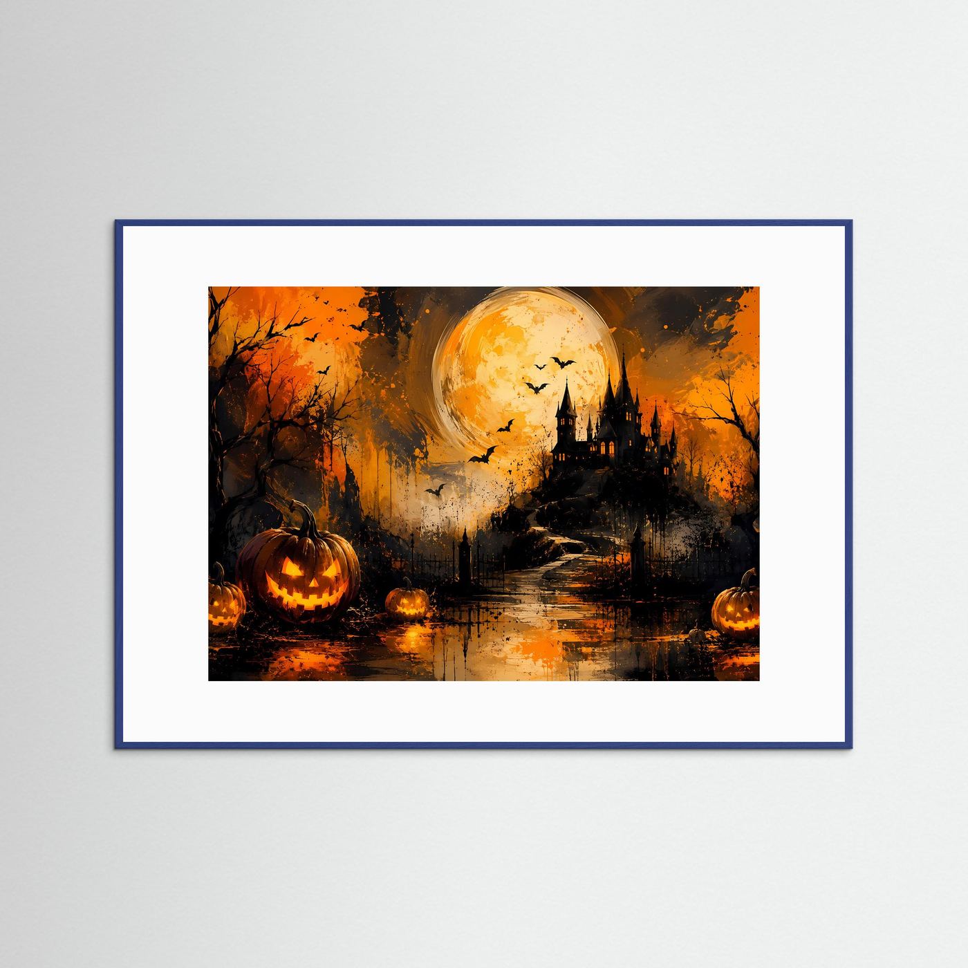 Halloween Poster | Spukschloss mit Kürbissen und Vollmond | Mystische Halloween Wandkunst | Düsterer Gothic Kunstdruck