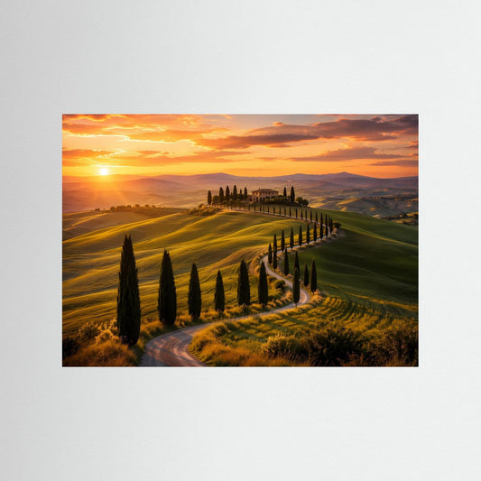 Landschaftsposter mit Zypressenreihe und sanften Hügeln bei Sonnenuntergang