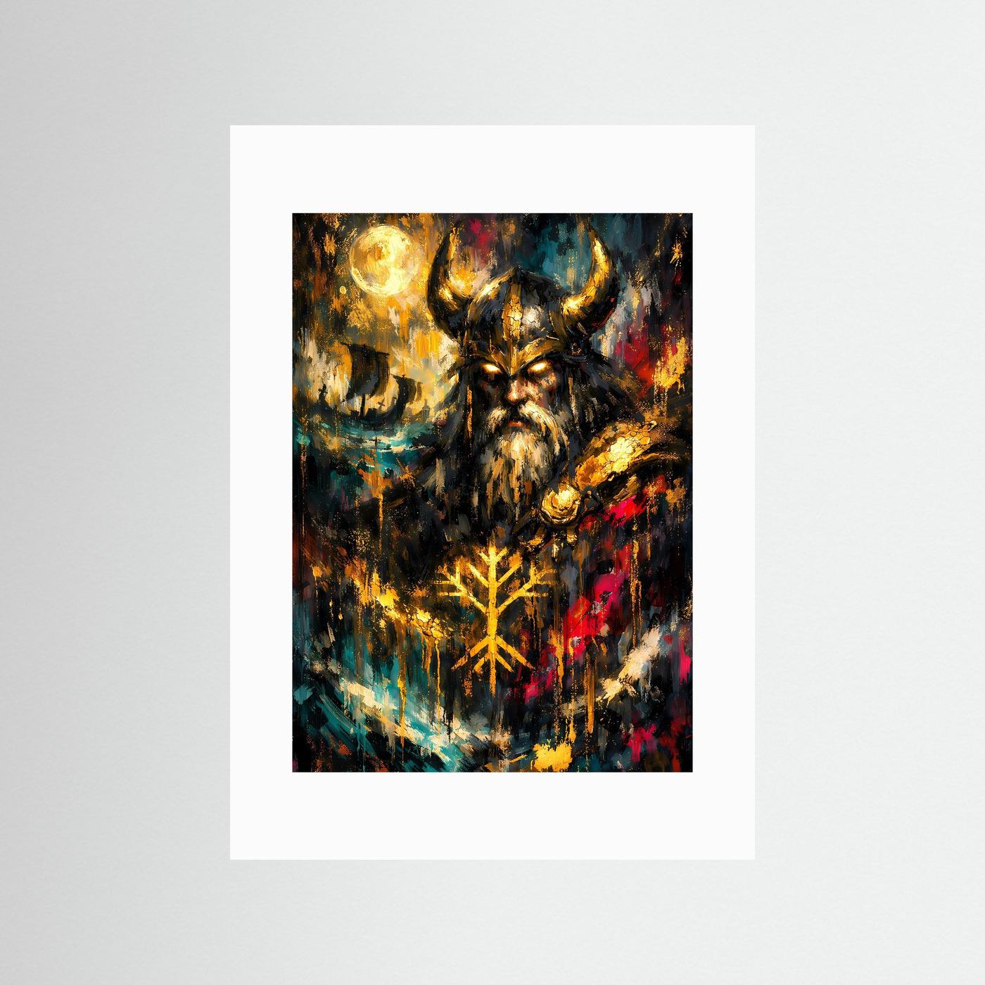 Wikinger-Poster im Hochformat mit Odin-Rabe und Runenbaum, mit weißem Passepartout