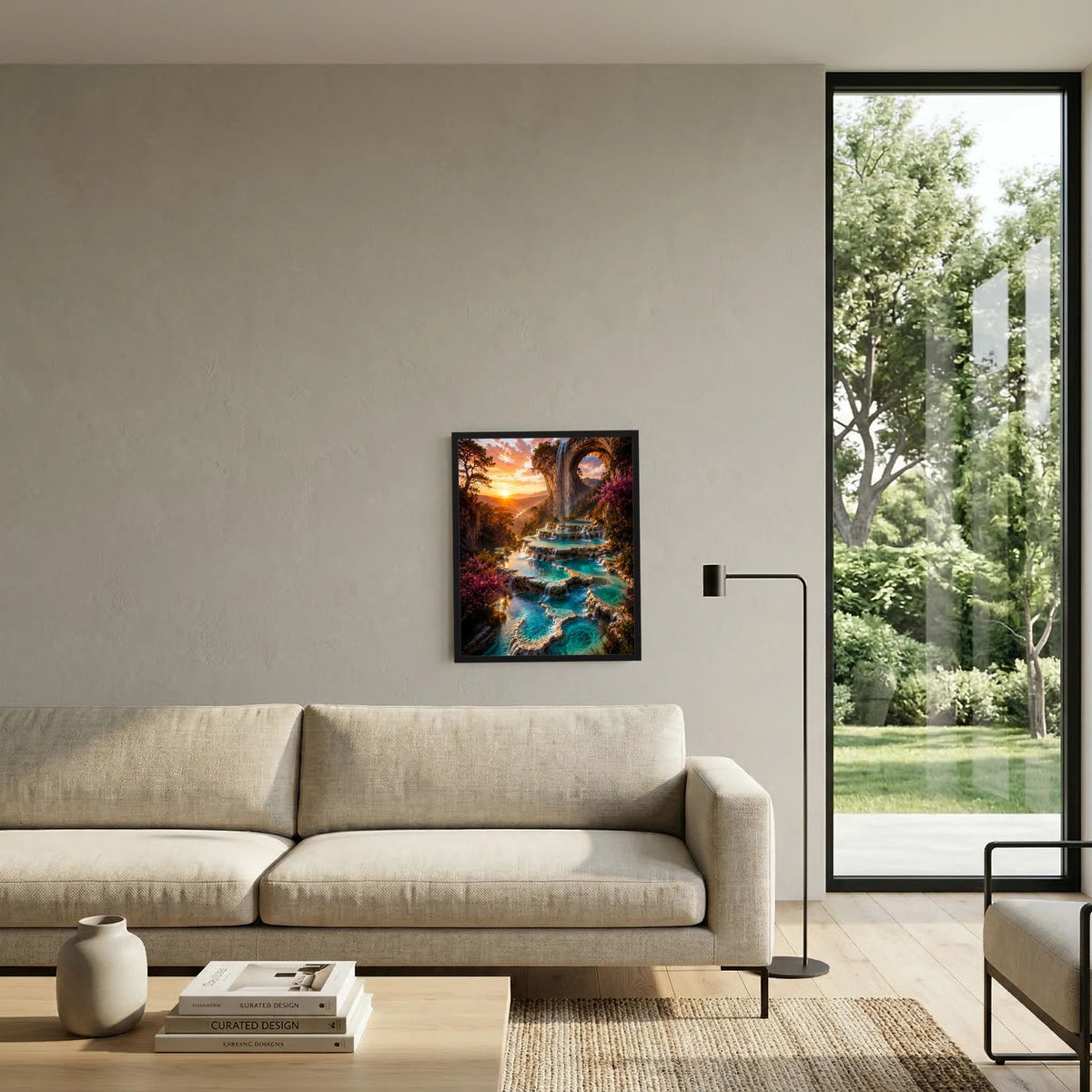 Hochformatiges Kunstposter im schwarzen Rahmen mit Wasserfall und türkisfarbenem Fluss im Licht