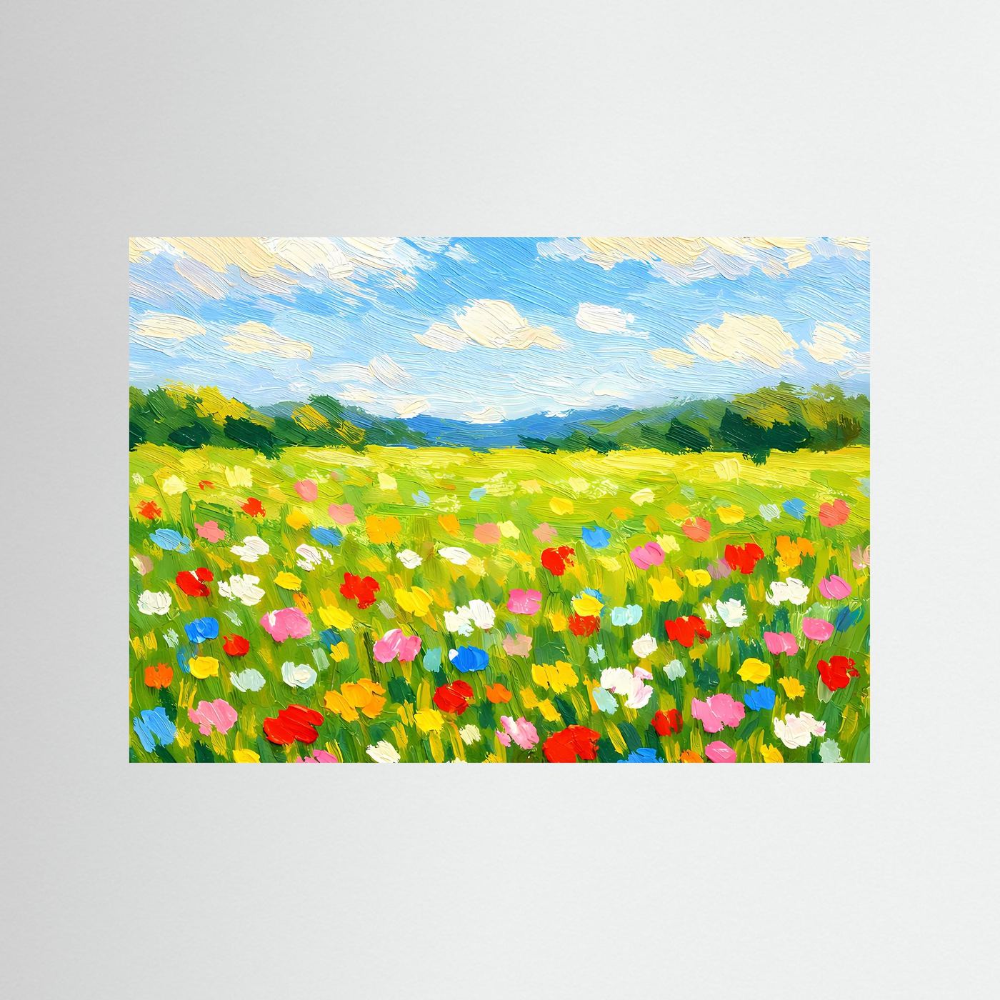 Wandbild mit Blumenwiese und blauem Himmel, ohne Rahmen