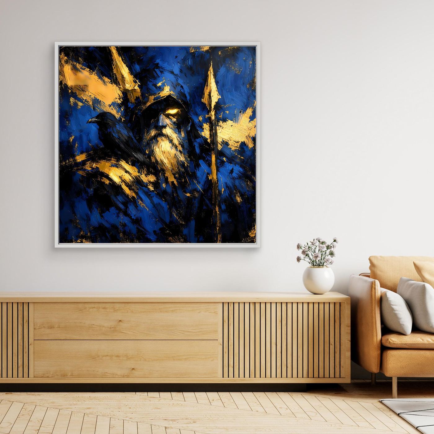 Leinwand Odin der Allvater in Blau und Gold | Modernes Nordische Mythologie Wandbild mit Rabe
