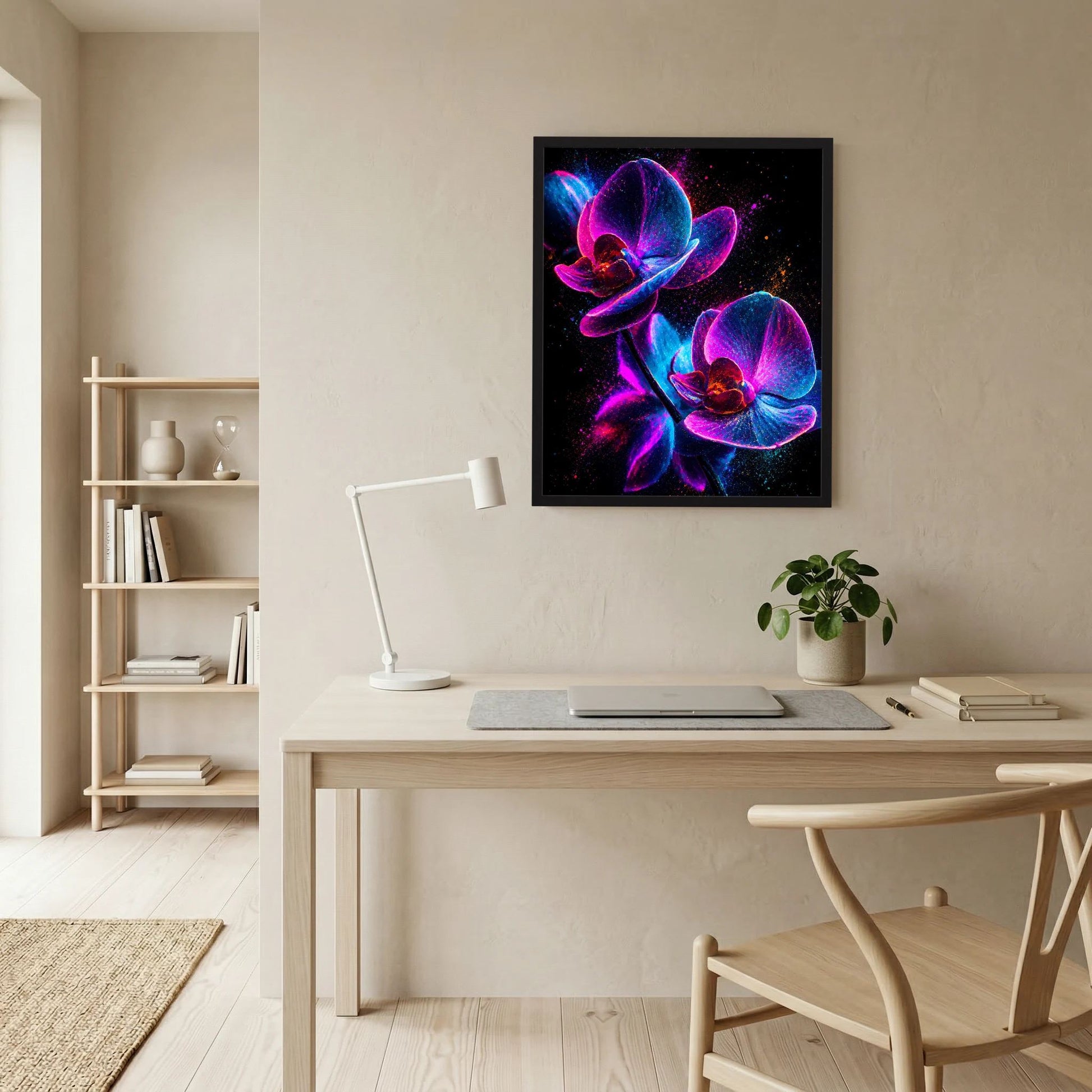 Gerahmtes Orchideen-Blumenposter im Hochformat: pinke und blaue Blüten leuchten auf dunklem Grund