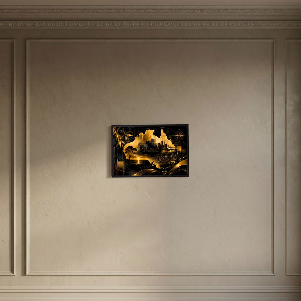 Kleines gerahmtes Poster mit schwarzem Goldmotiv „Australien“ im schwarzen Rahmen
