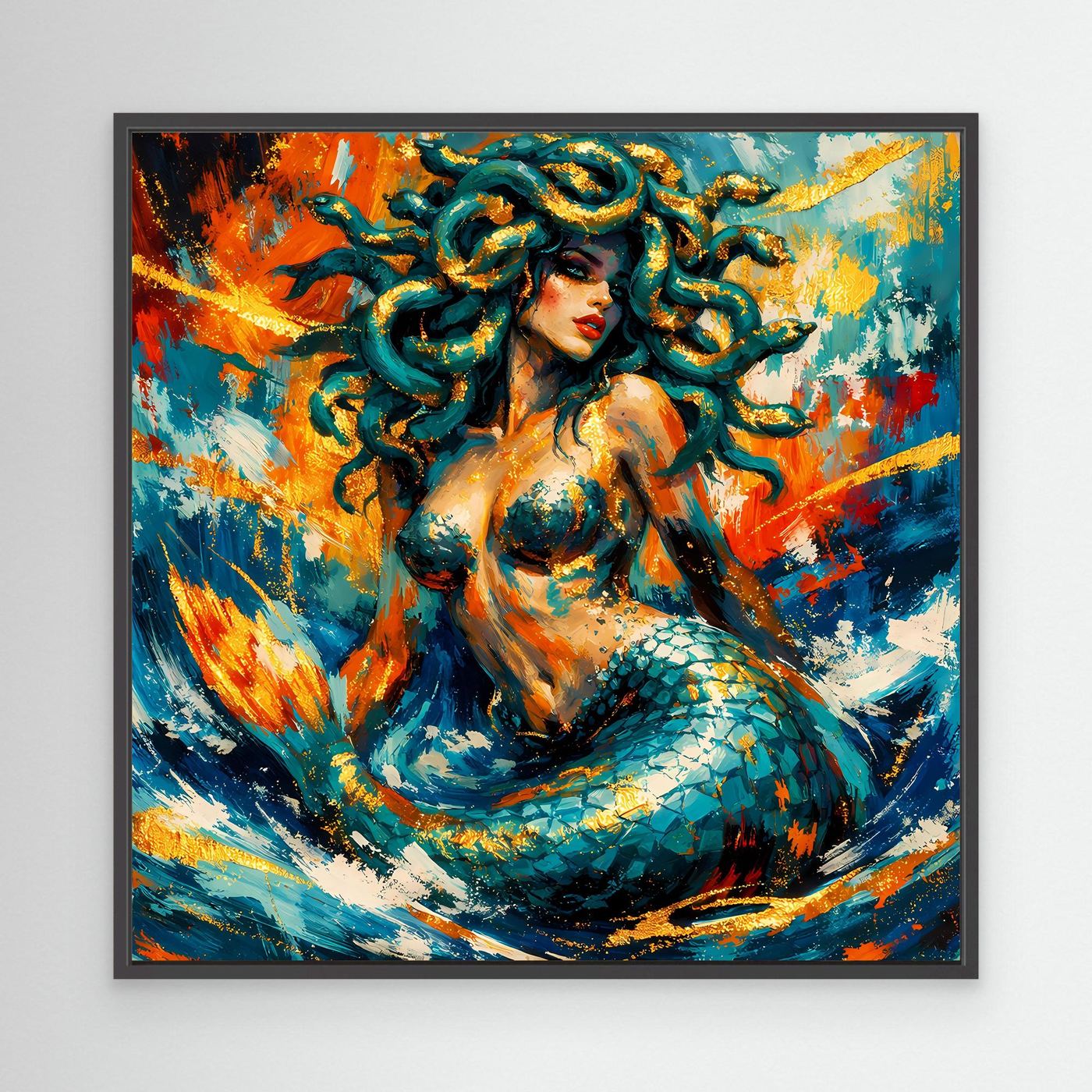 Leinwandbild mit Medusa-Meerjungfrau, abstrakt Blau und Orange, schwarzer Rahmen.
