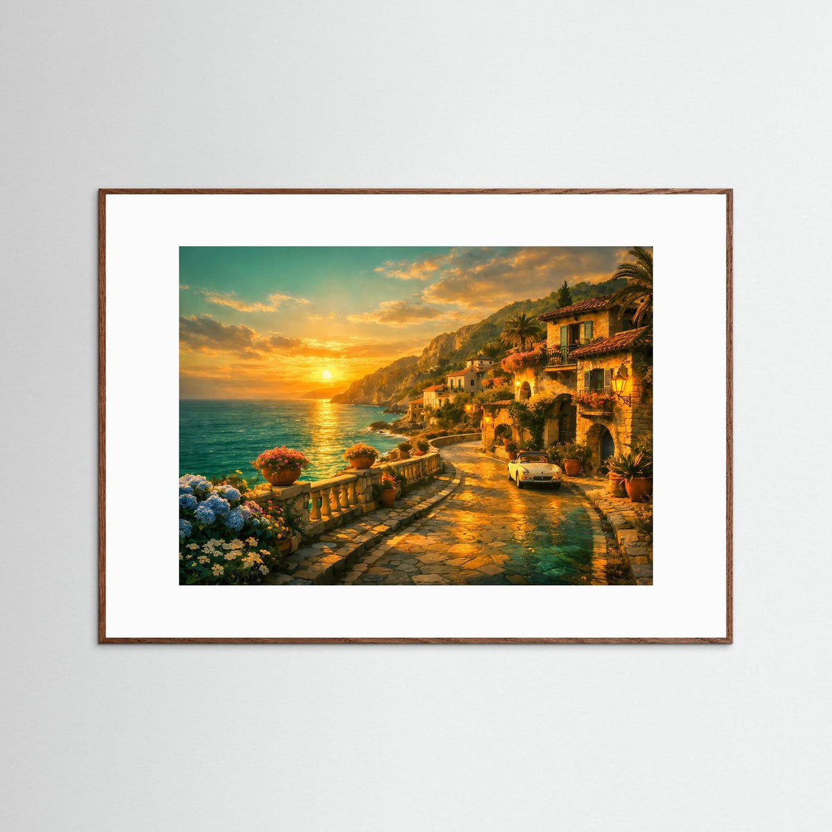 Panorama-Poster im dunklen Holzrahmen, Querformat, Sonnenuntergang an der Küste