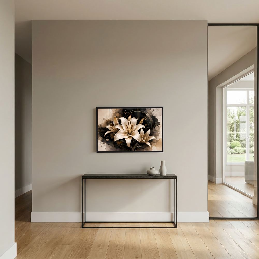 Wandposter im Querformat mit weißen Lilienblüten, schwarz-goldenem Design, schwarz gerahmt