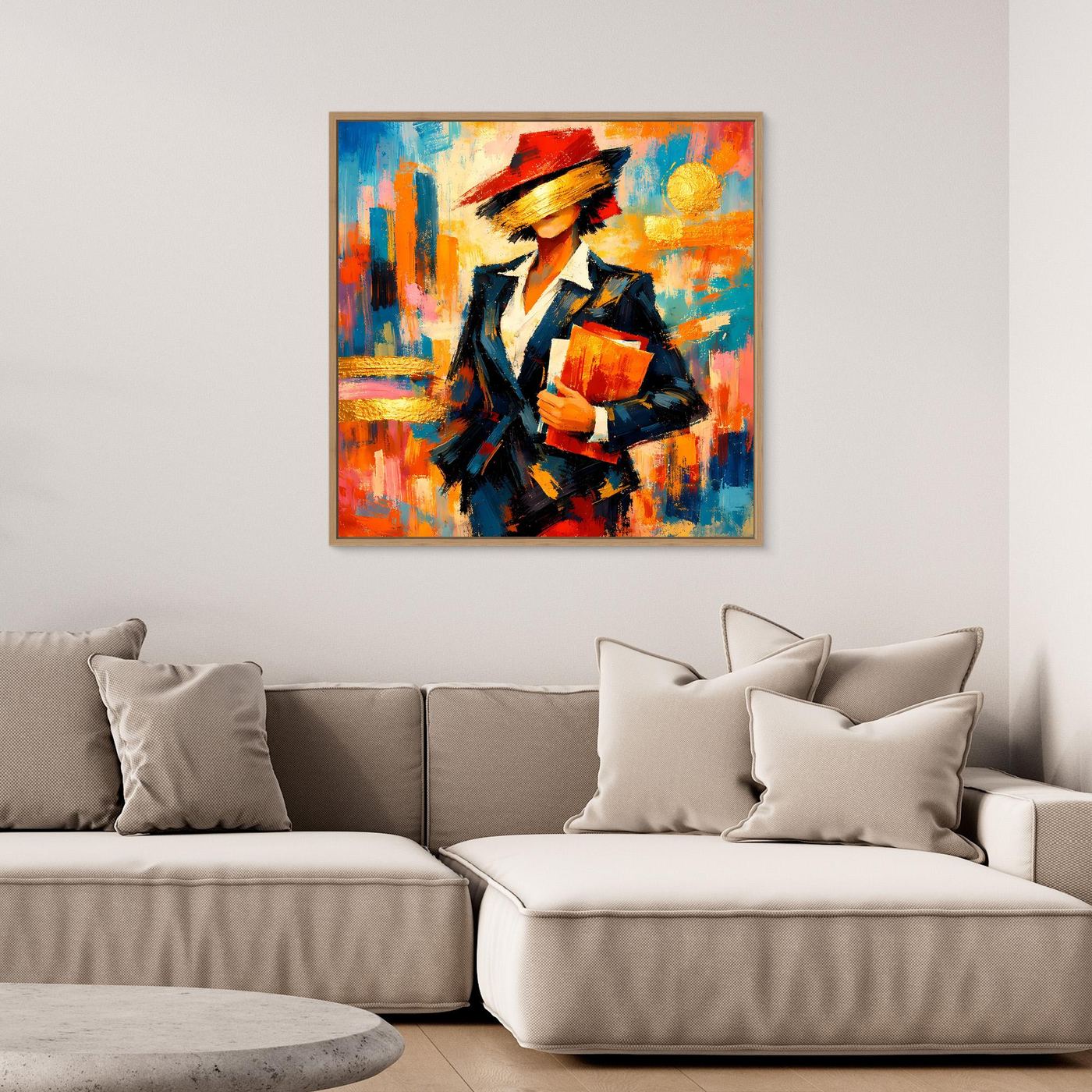 Gerahmtes Leinwandbild mit Frau im Anzug, farbenfroher Pop-Art-Stil