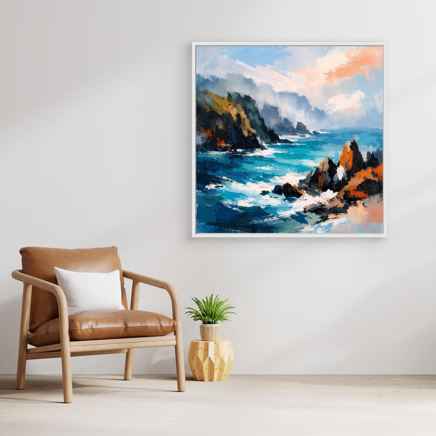 Abstraktes Leinwand-Wandbild mit Klippen und Meer in Blau und Orange, weiß gerahmt