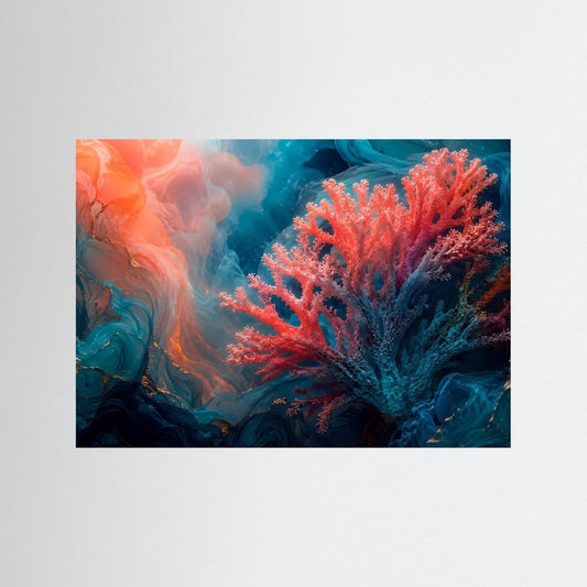 Unterwasser-Kunstposter mit Korallenmotiv in Coral- und Blautönen, querformatig
