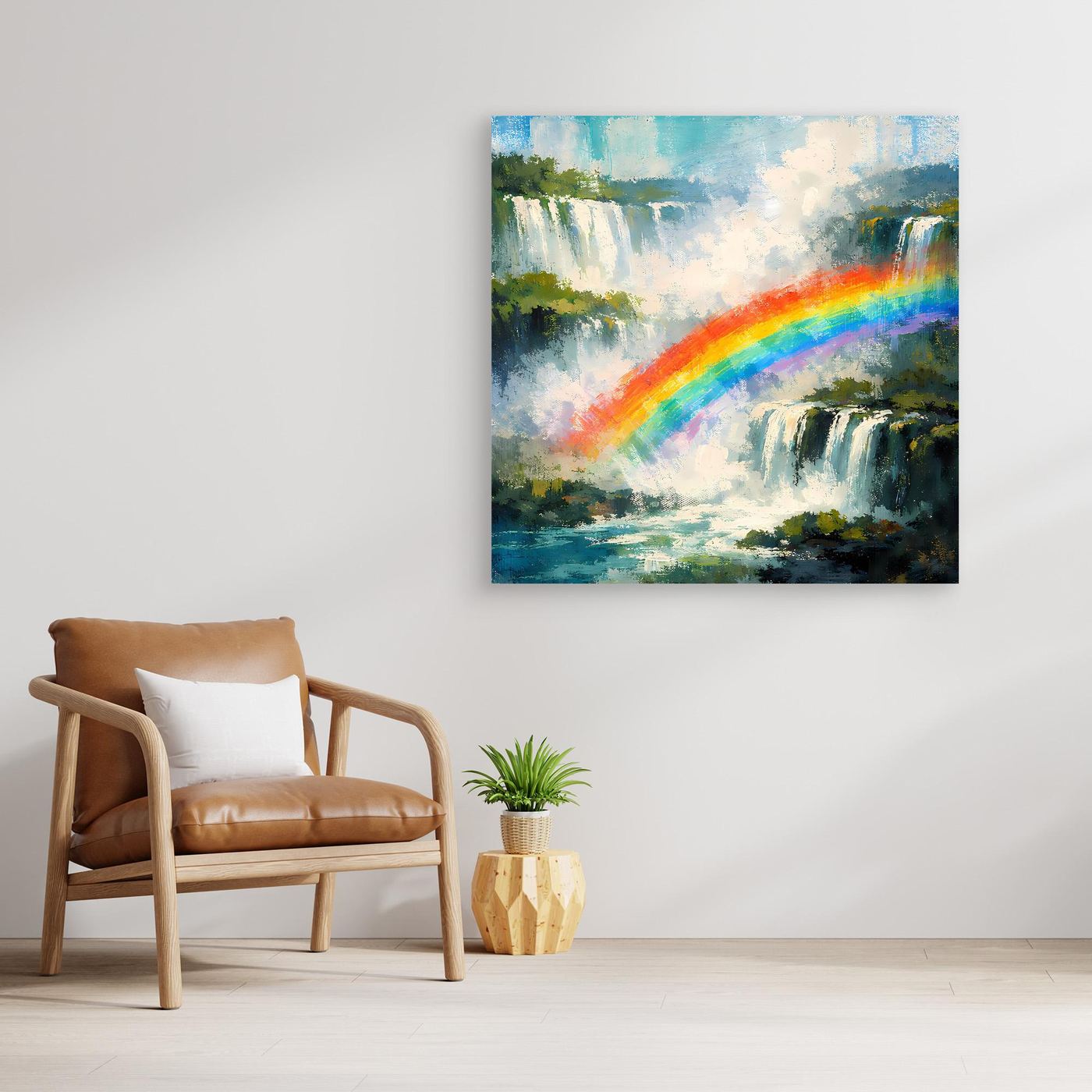 Wandbild mit abstraktem Wasserfall und Regenbogen auf Leinwand, ohne Rahmen