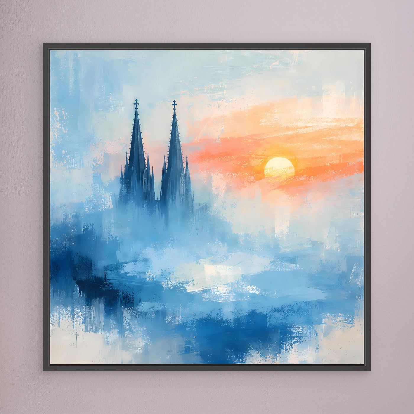 Kölner Dom Silhouette in Nebelblau | Moderne Abstrakte Leinwand mit Sonnenaufgang