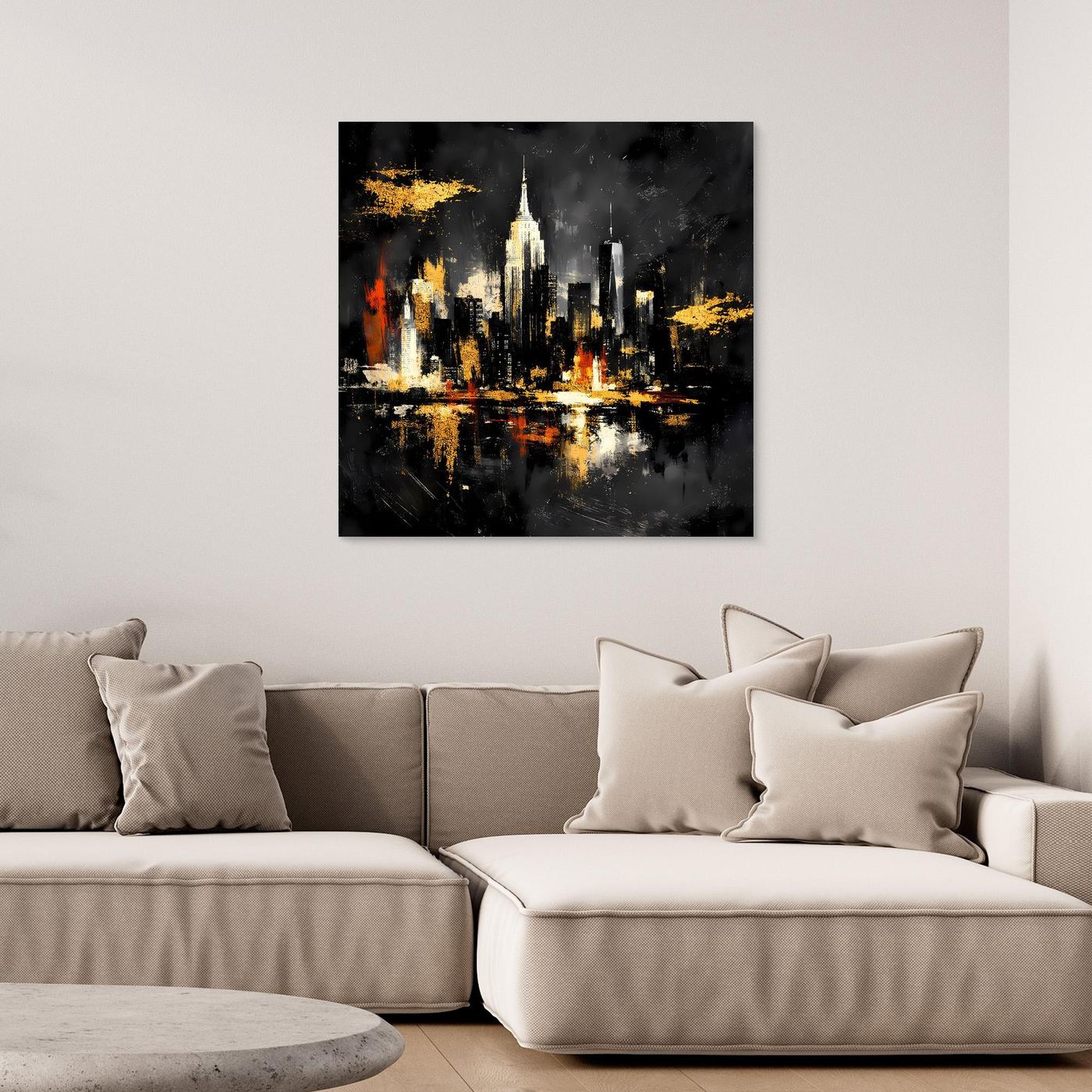 Leinwand Goldene New York Skyline bei Nacht | Abstraktes NYC Wandbild Modern