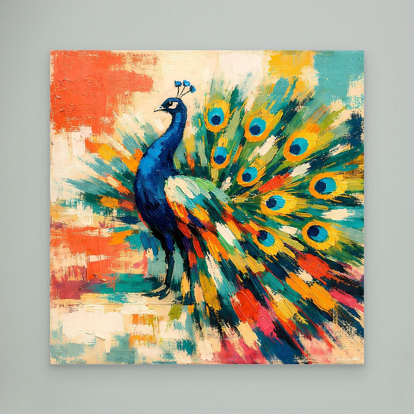 Peacock canvas wall art with colorful fan feathers, unframed
