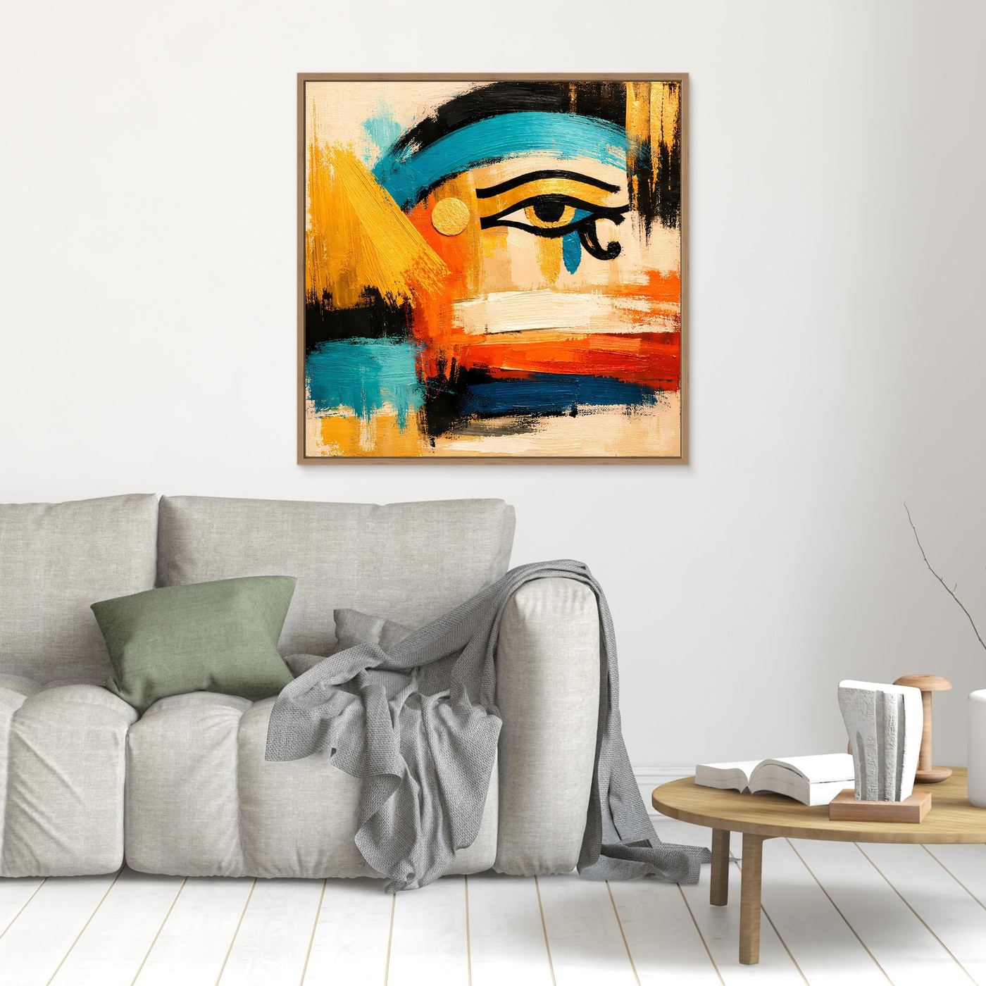 Abstract eye canvas wall art with turquoise and orange accents, wood frame