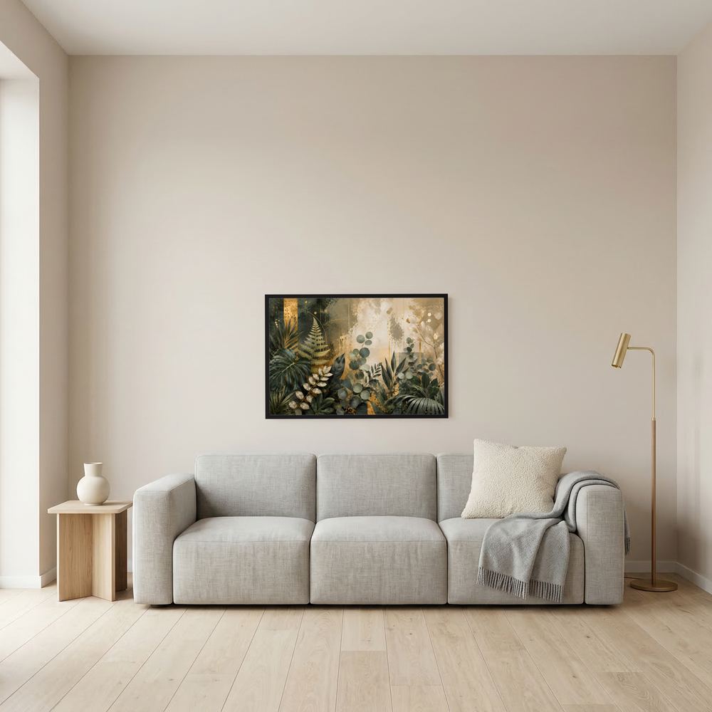 Kleines, gerahmtes Querformat-Poster mit botanischem Blattmotiv in Grün und Gold an der Wand.