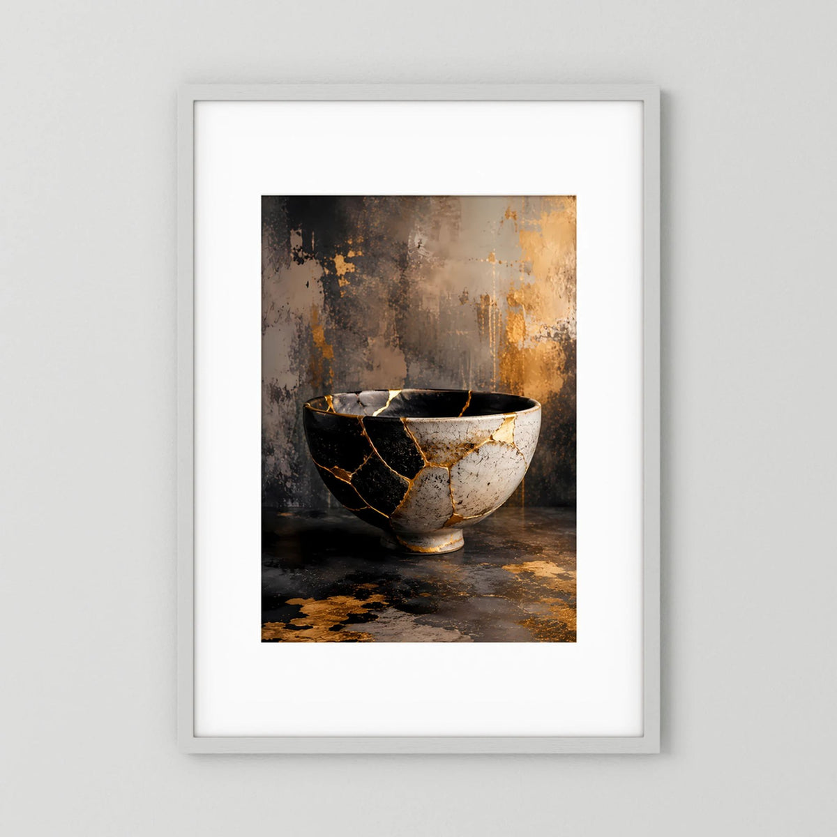 Gerahmtes Poster mit Kintsugi-Schale in Schwarz, Weiß und Gold, goldene Risse