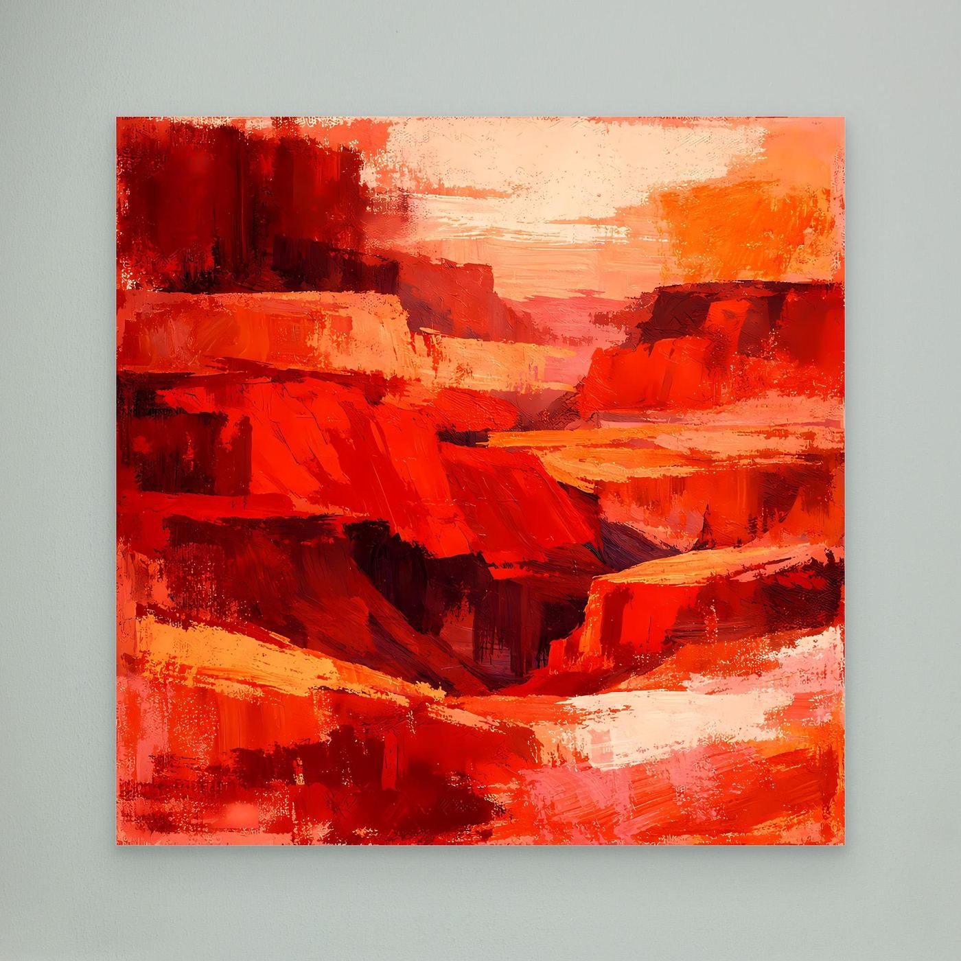 Abstraktes Leinwandbild mit rotem Canyon-Motiv in orange-rot gehaltenen Flächen
