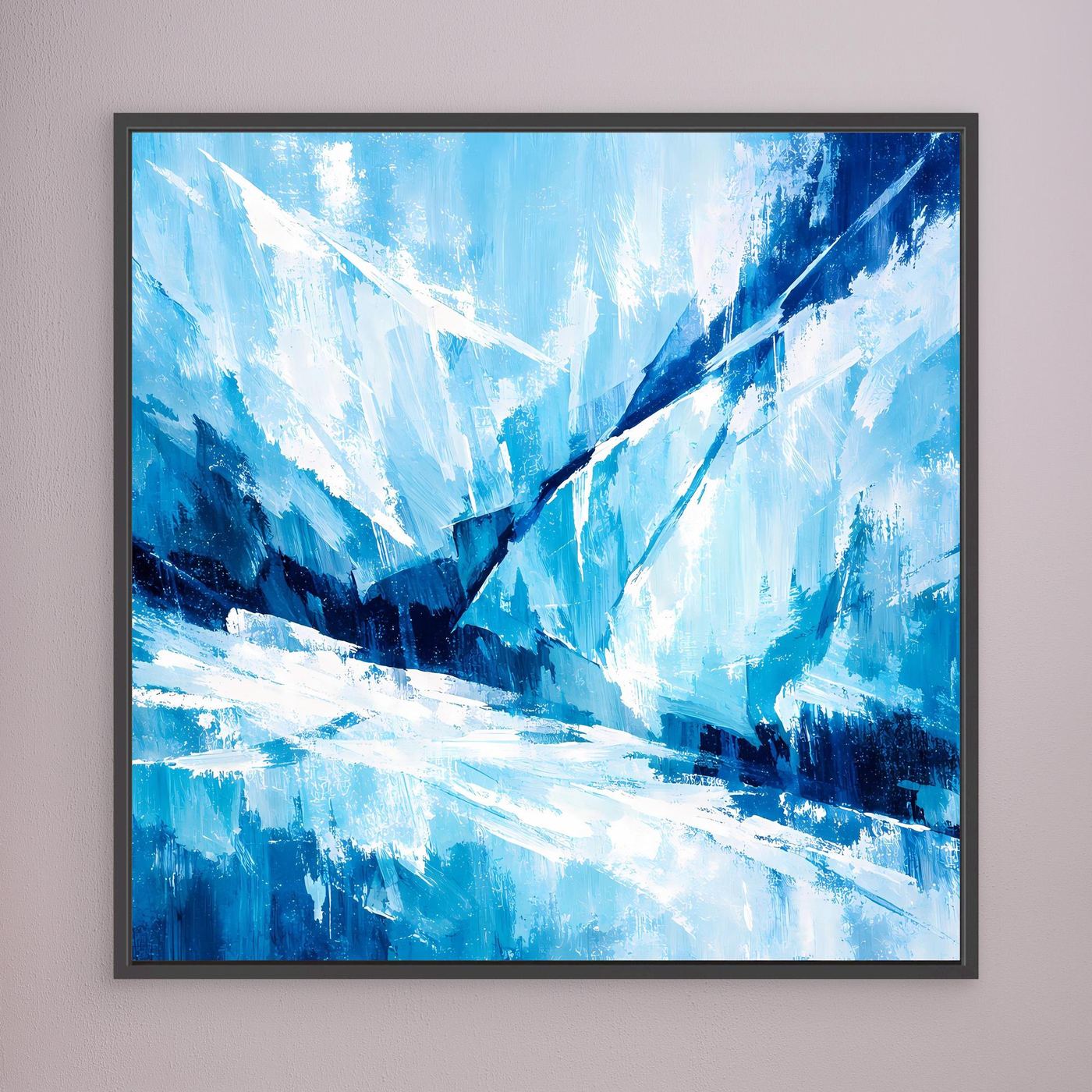 Abstraktes Gletscher-Leinwandbild mit schwarzem Rahmen, abstraktes Eis in Blau