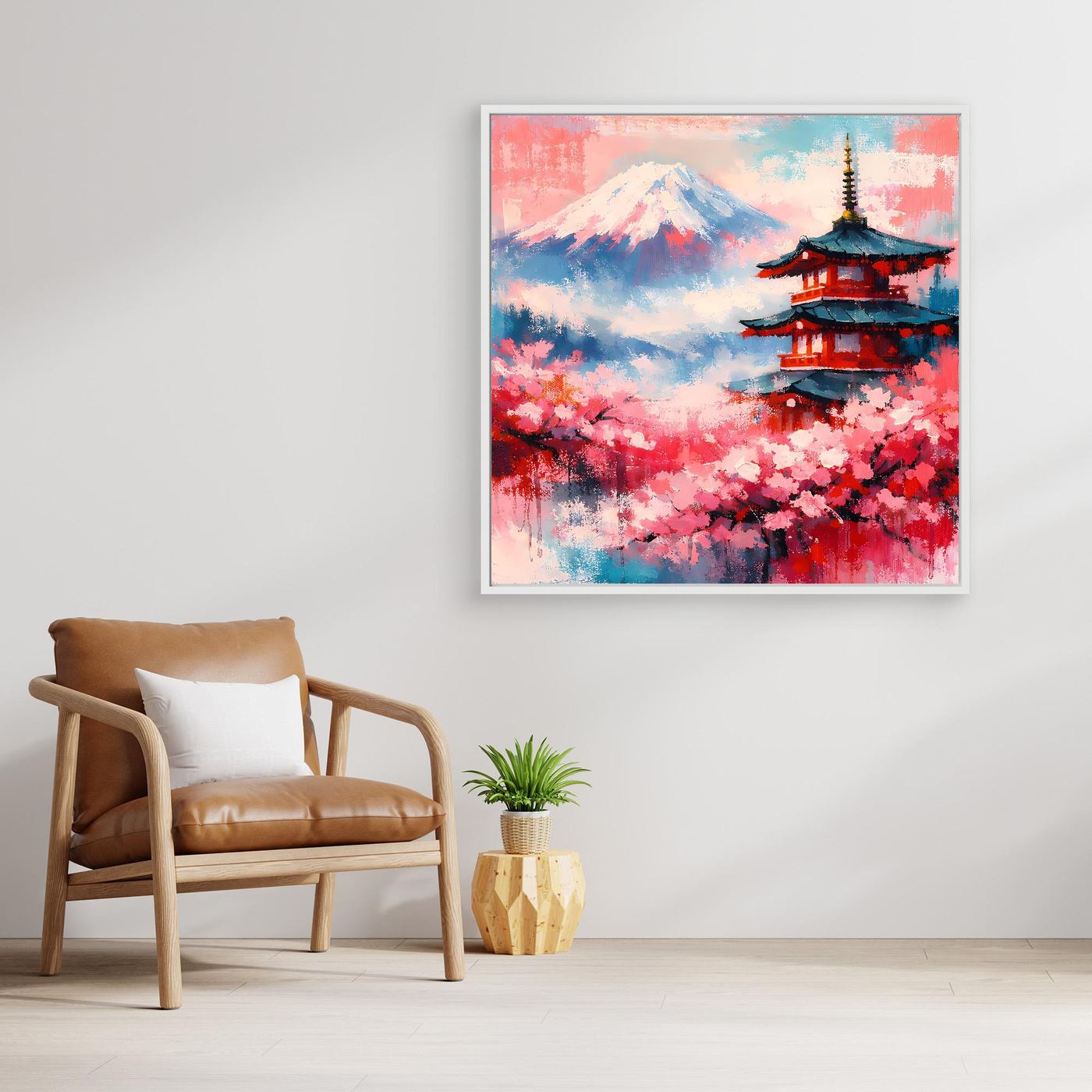 Leinwand-Wandbild mit Rahmen: Mount Fuji, Pagode und Kirschblüten, abstrakt in Farben