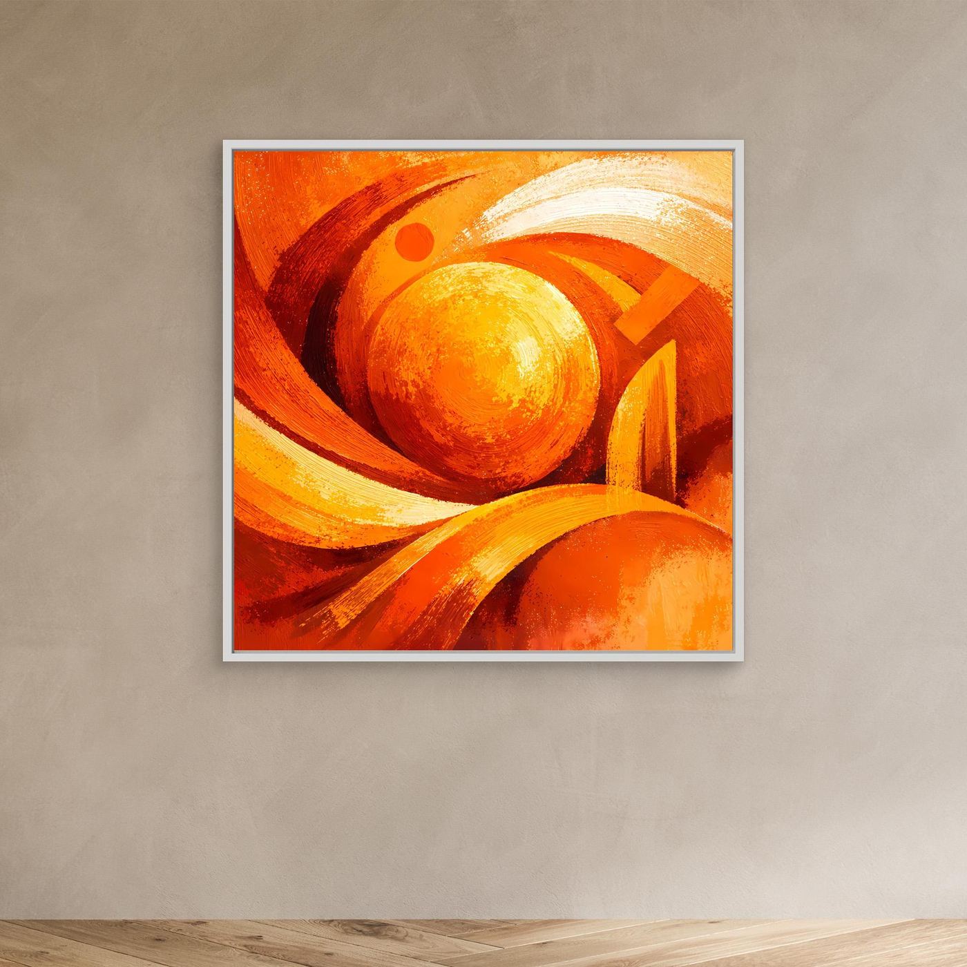 Leinwand-Wandbild: orange-gelbe Abstraktion mit kreisförmigen Elementen und Pinselstrichen