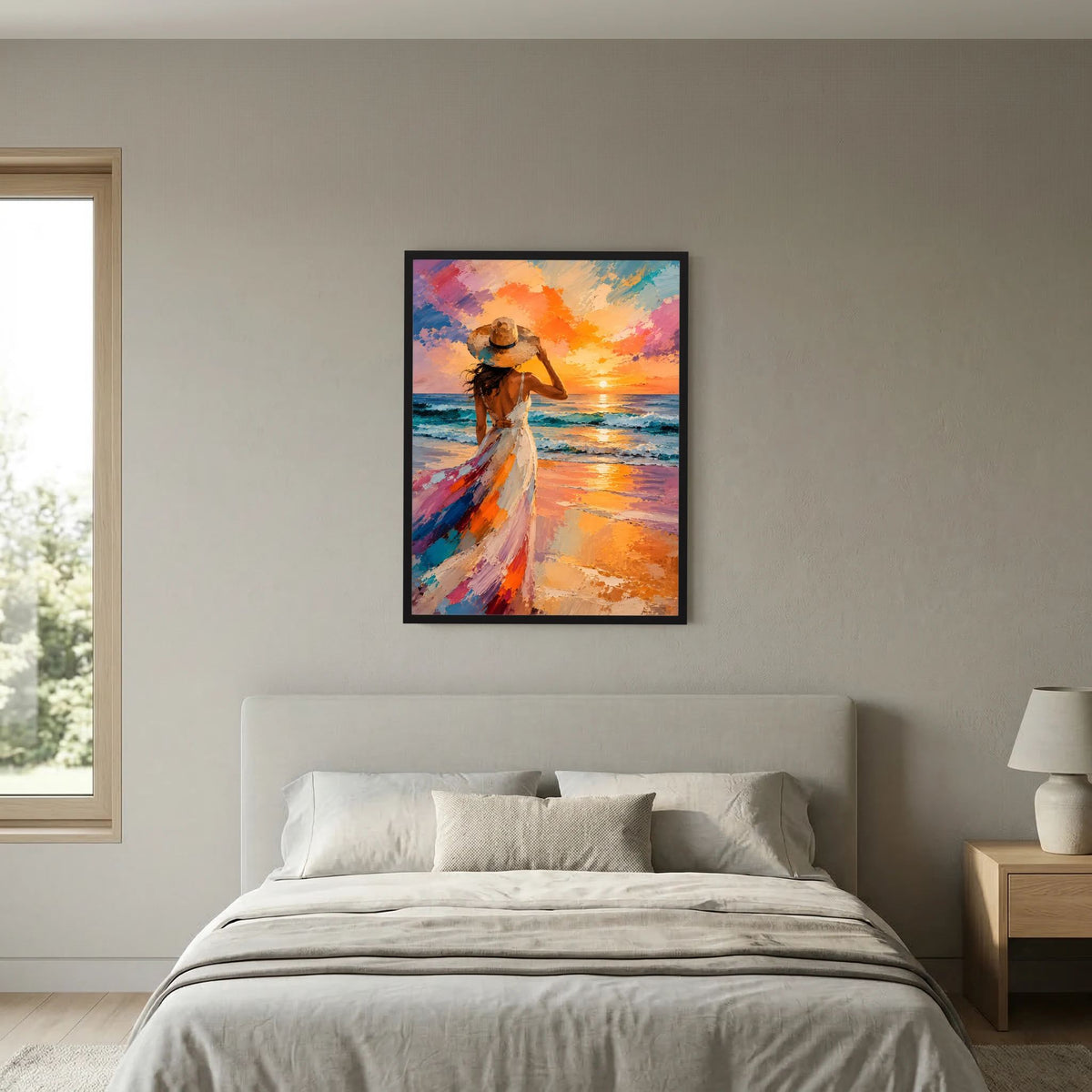 Schwarz gerahmtes Poster mit Frau in Hut und Kleid vor dem Meer bei Sonnenuntergang