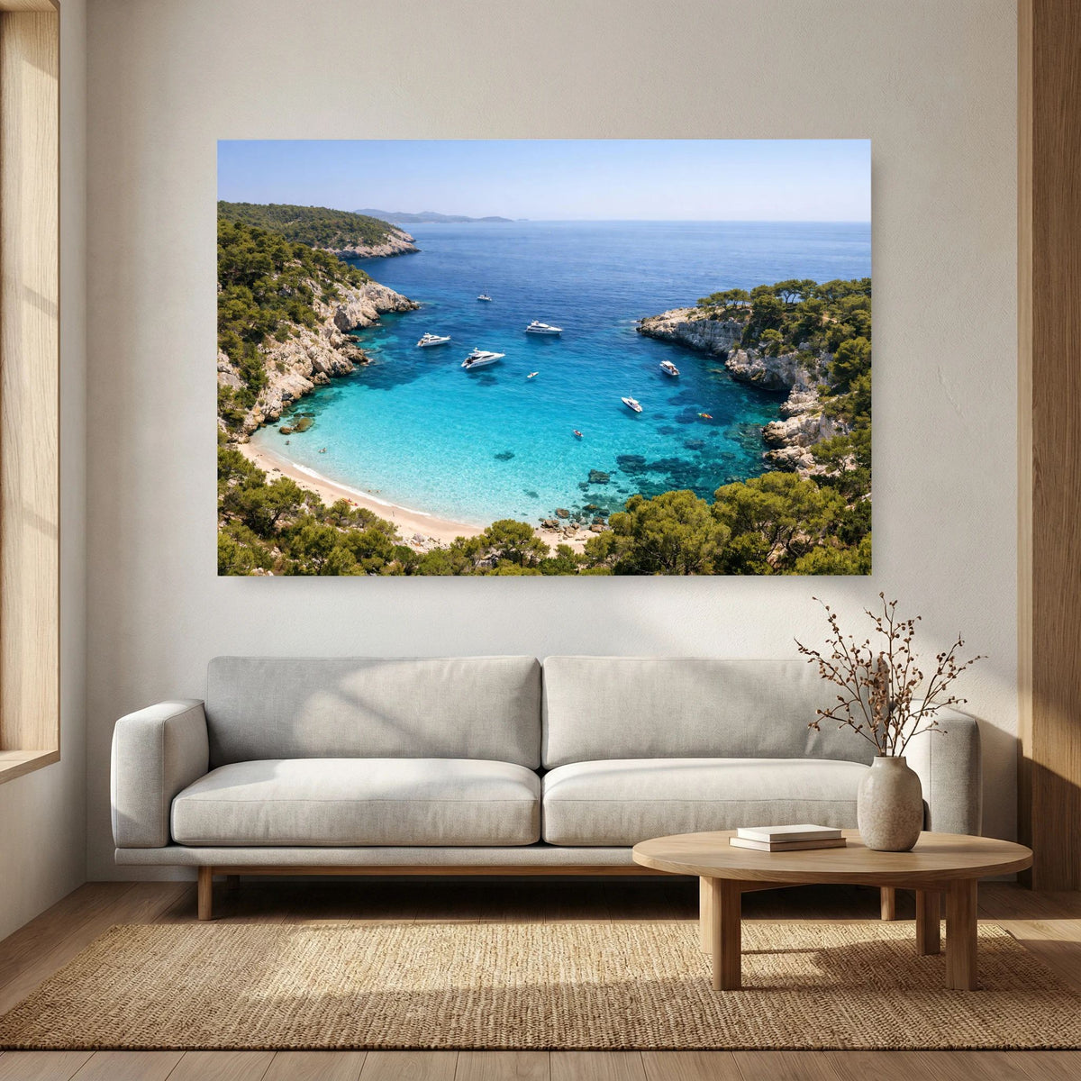 Poster im Querformat mit Küstenbucht, türkisfarbenem Wasser, Sandstrand und Yachten