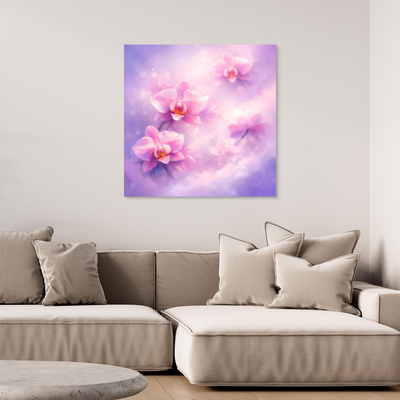 Leinwandbild mit pastellfarbenen Orchideen auf lila-pinkem Hintergrund, ohne Rahmen.