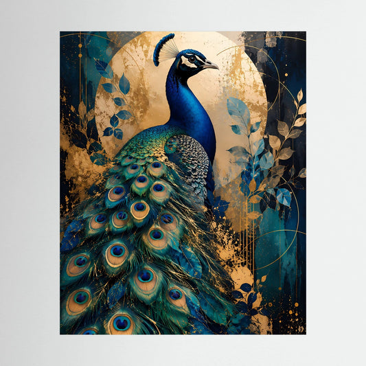 Hochformat-Poster mit Pfau in Blau und goldenen Akzenten, kunstvoller Tierdruck