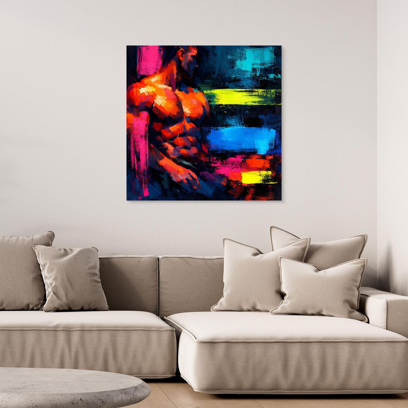 Leinwandbild Abstrakter Männlicher Torso | Moderner Neon-Kunst Wandbild auf echtem Holzkeilrahmen