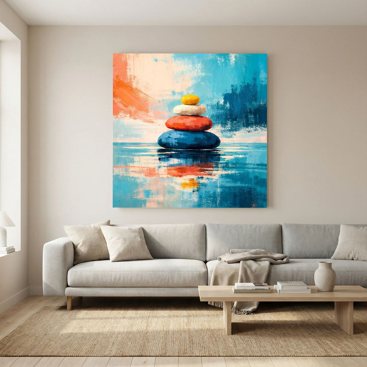 Leinwandbild mit gestapelten Zen-Steinen, orange links, blau rechts, gelbe Spitze, Reflexion