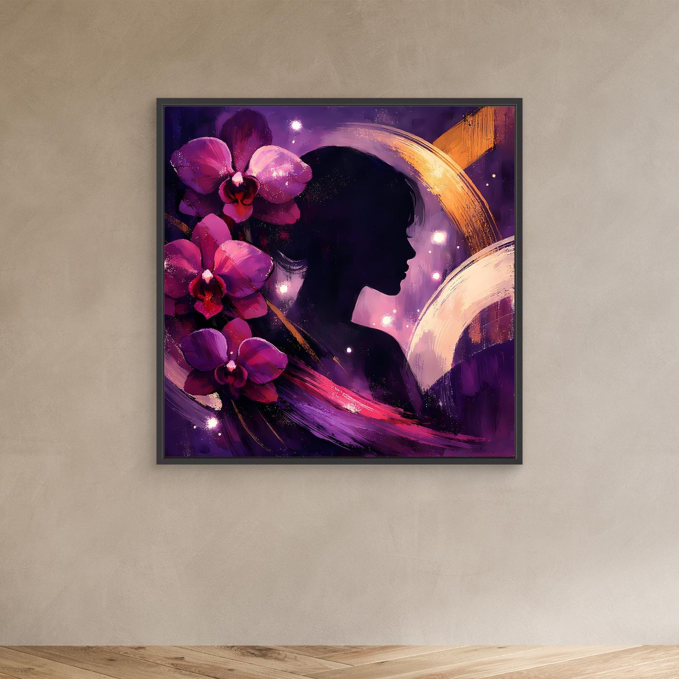 Kleines Leinwandbild mit Frauenprofil, violetten Orchideen und goldfarbenen Pinselbögen im schwarzen Rahmen