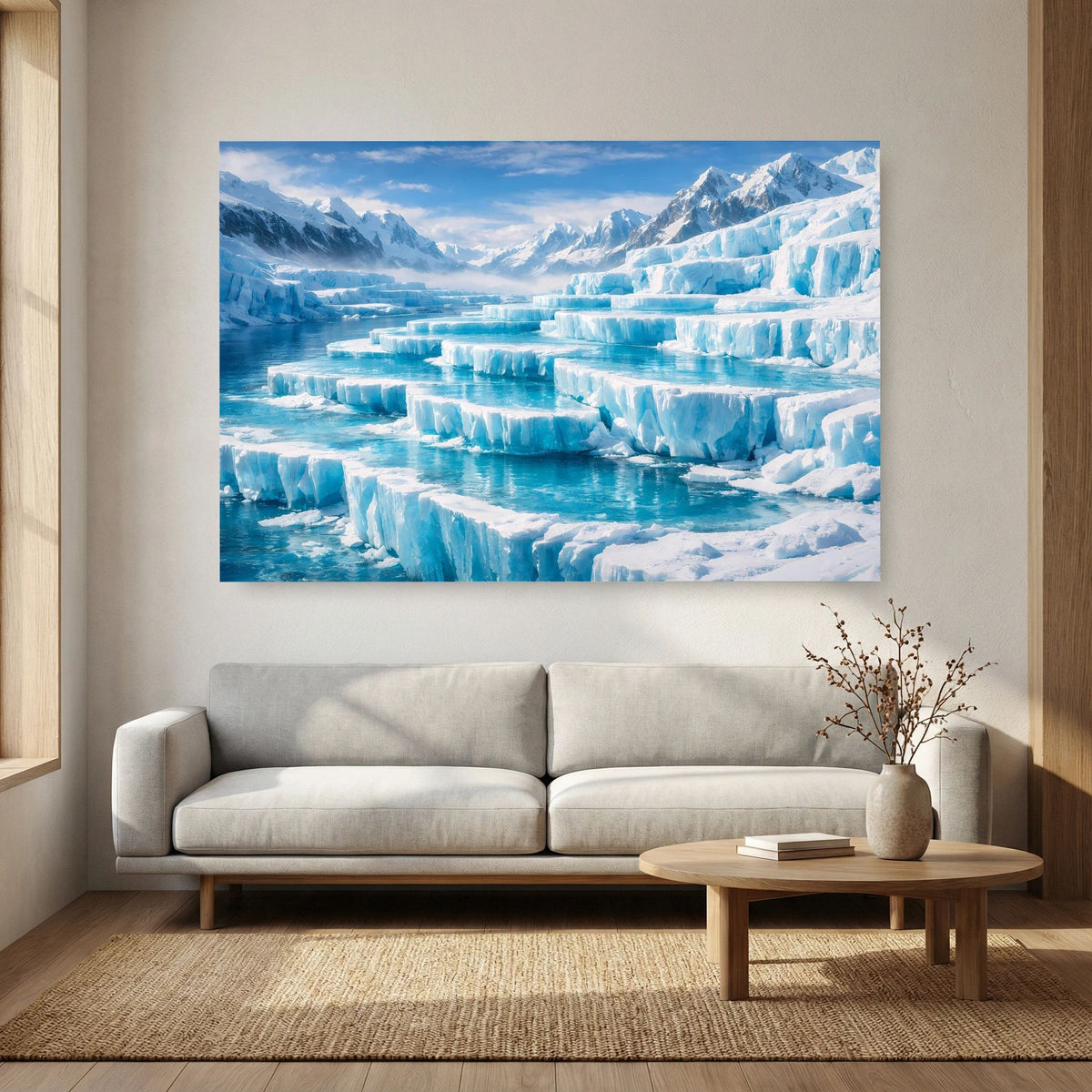 Querformat-Wandbild mit Eisfjord, leuchtend blauem Gletscher und schneebedeckten Gipfeln