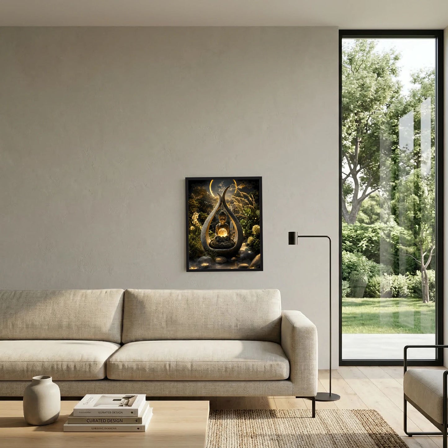Gerahmtes Buddha-Kunstposter neben Sofa: goldene Lichtkugel im Tropfenmotiv, dunkel.