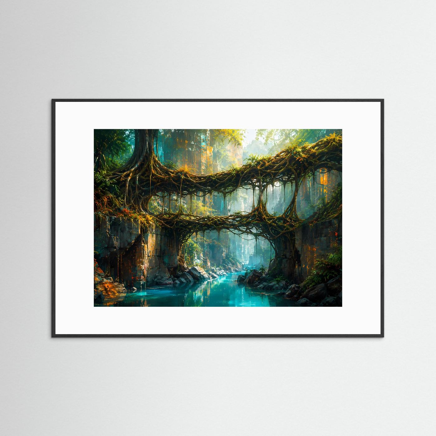Regenwald-Wandbild mit Wurzelbrücke über Fluss, schwarzer Rahmen und weißes Passepartout.