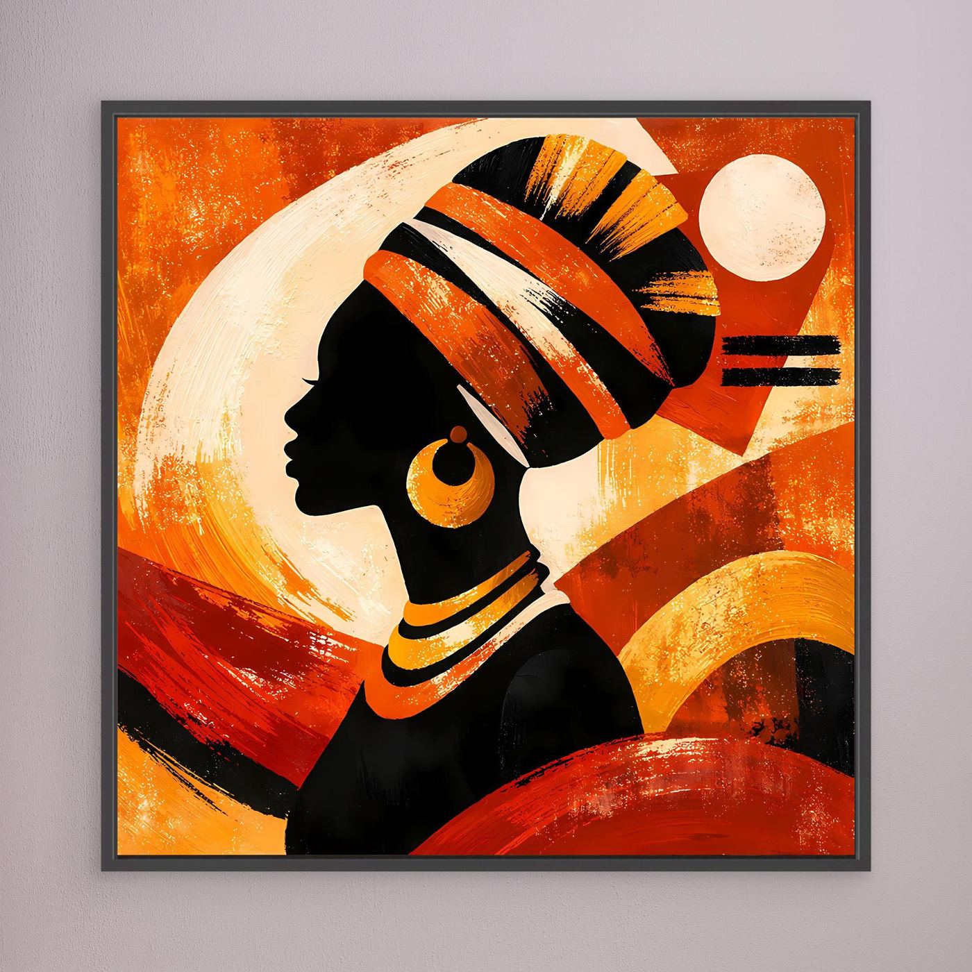 Leinwandbild mit Porträt einer Frau im dunklen Rahmen, orange-goldene Ethno-Illustration