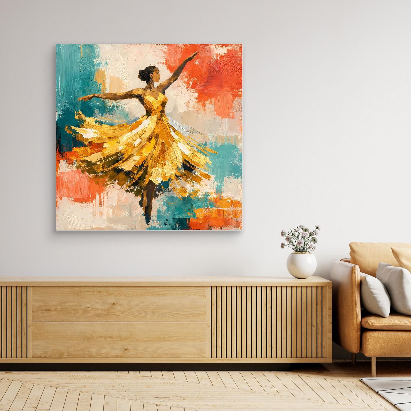 Leinwand-Wandbild mit abstrakter Tänzerin, kräftige Farbblöcke und expressive Pinselstruktur