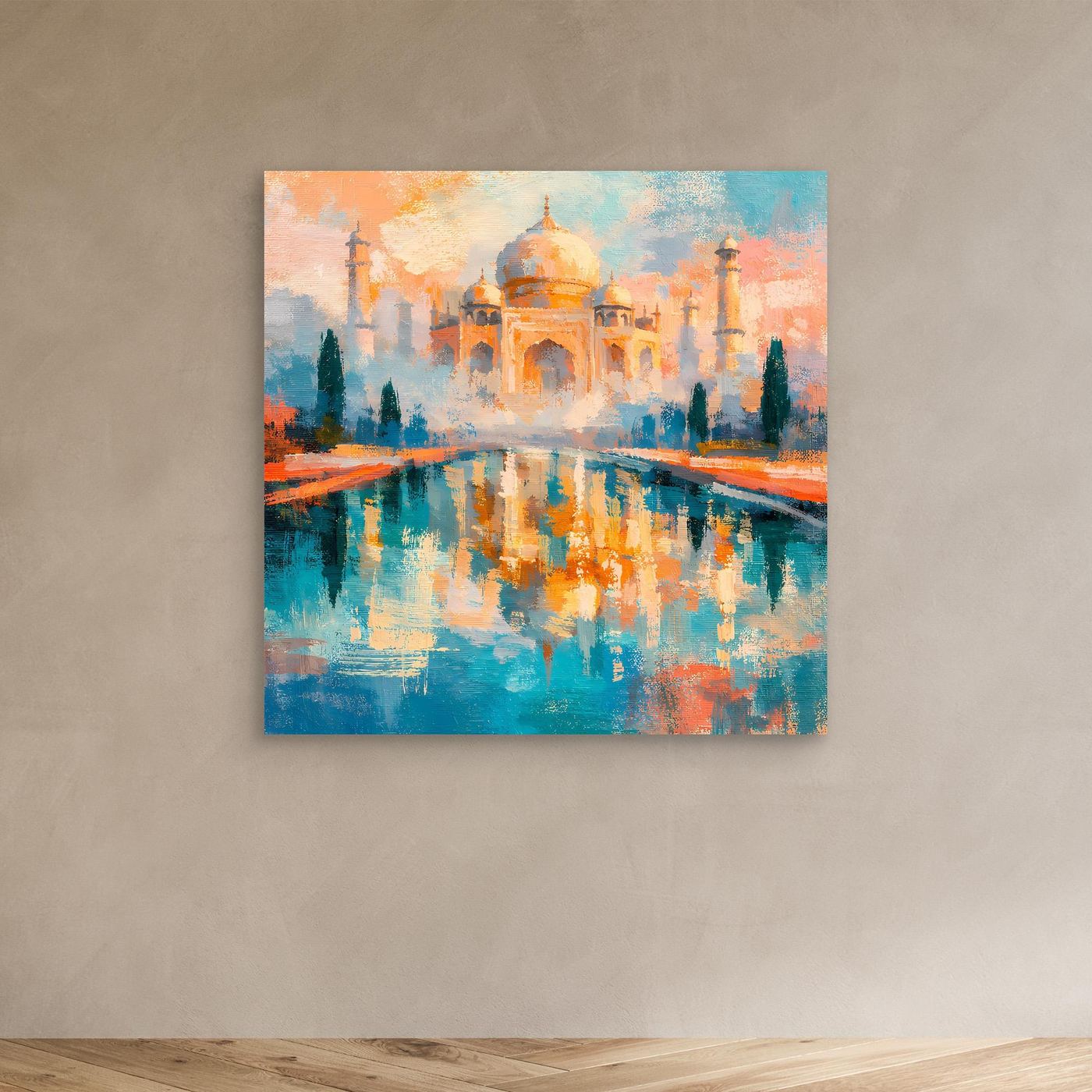 Kleines unge­rahmtes Leinwandbild mit abstraktem Taj Mahal und Spiegelung in Blau-Orange