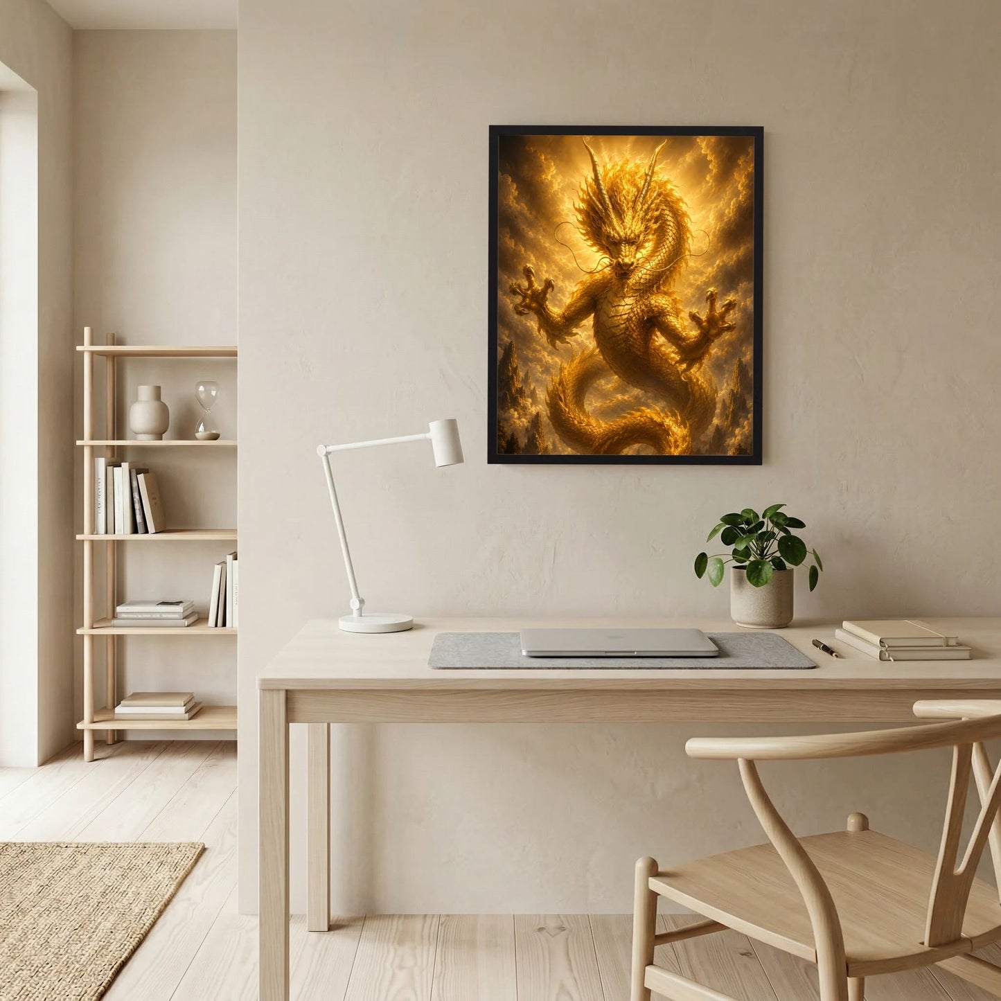 Wandposter im schwarzen Rahmen: goldener chinesischer Drache