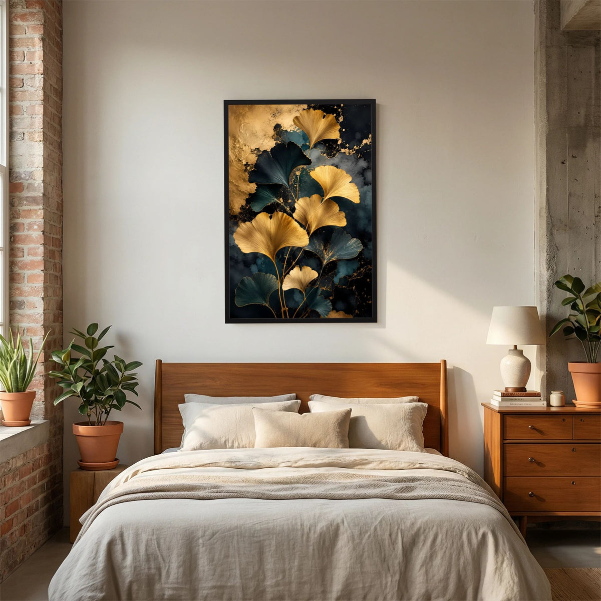 Poster mit goldenen Ginkgo-Blättern, im schwarzen Rahmen