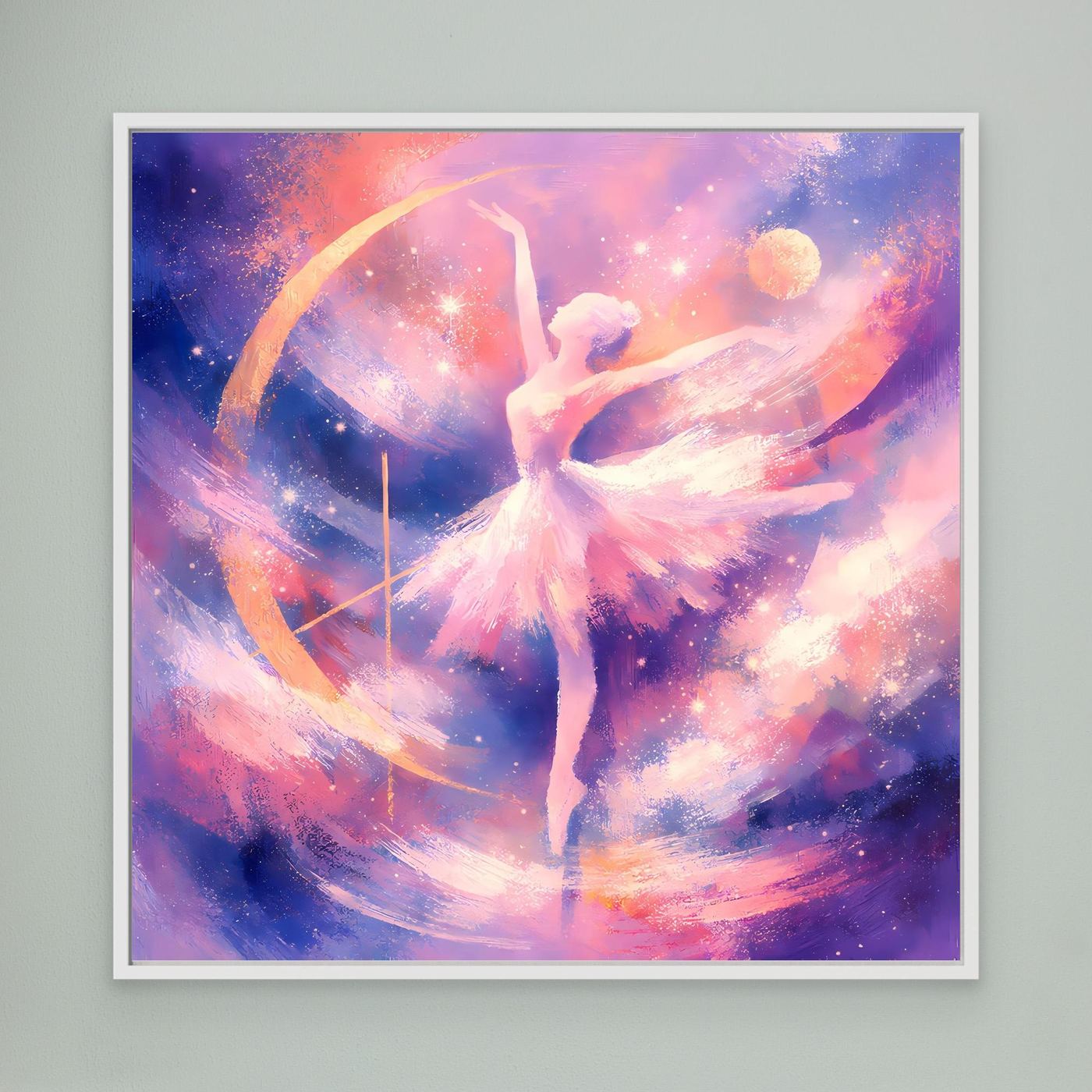 Leinwandbild mit Ballerina im Flügel-Design, weiß gerahmt, mit sternenhaftem Farbverlauf