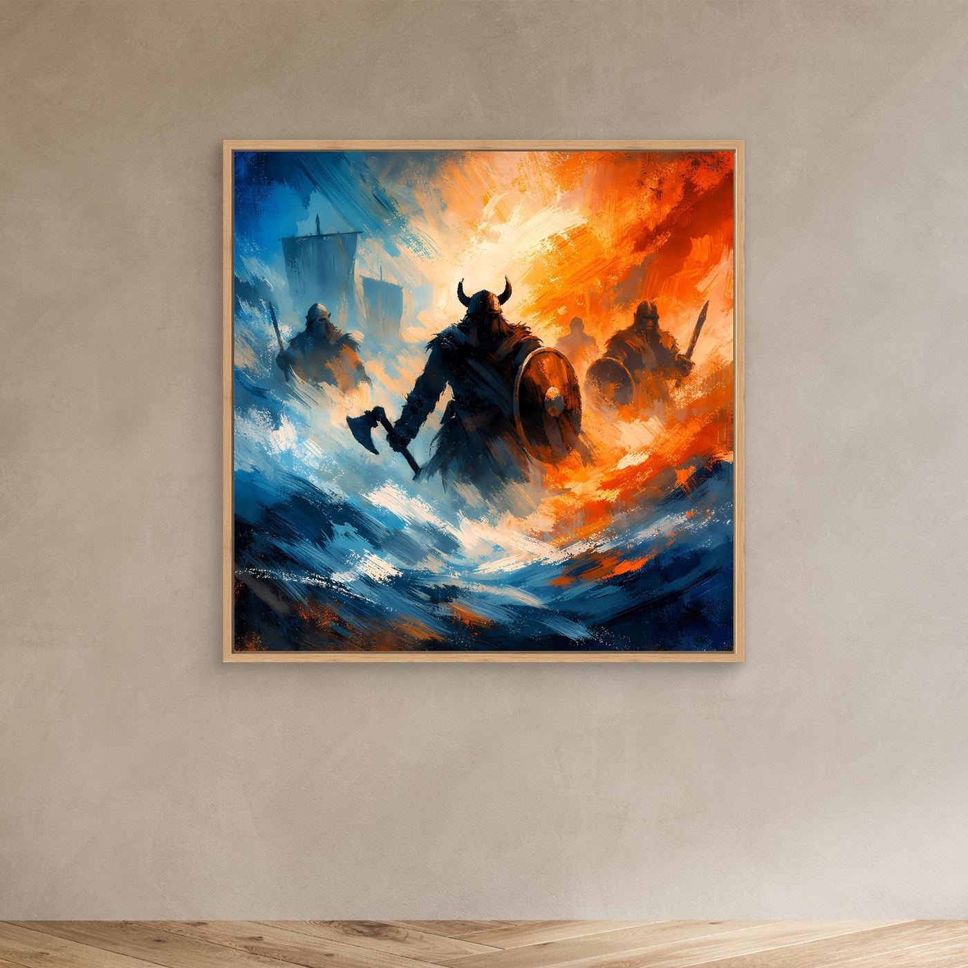 Wandbild auf Leinwand mit Eichenrahmen: Wikinger-Krieger im Angriff, blau-orange Pinselduktus