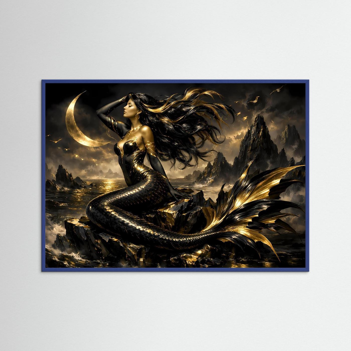 Fantasy-Wandbild mit Meerjungfrau bei Mondschein, blauer Holzrahmen