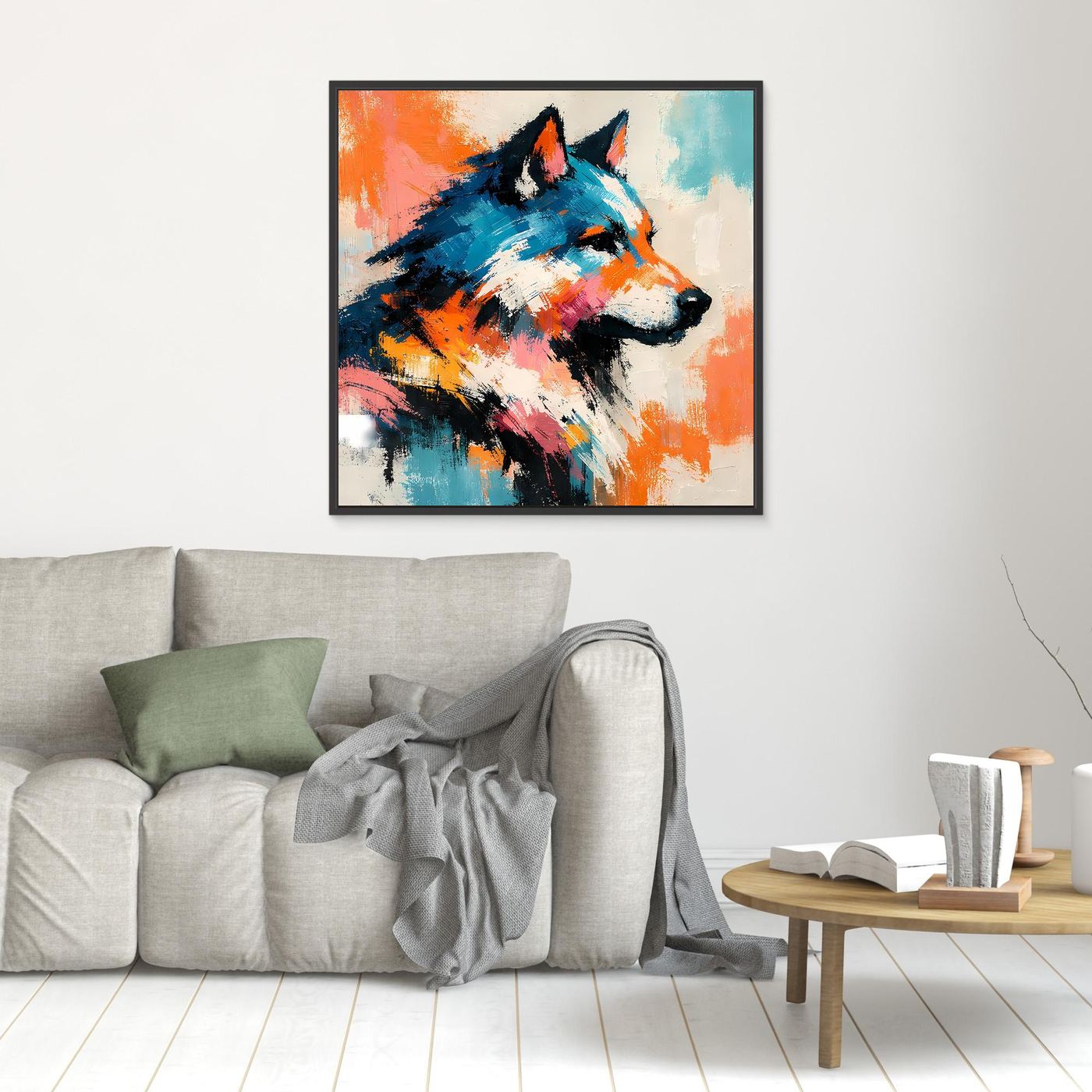 Abstrakte Wolf-Leinwand, blau-schwarz mit orangefarbenen Spritzern, schwarz gerahmt