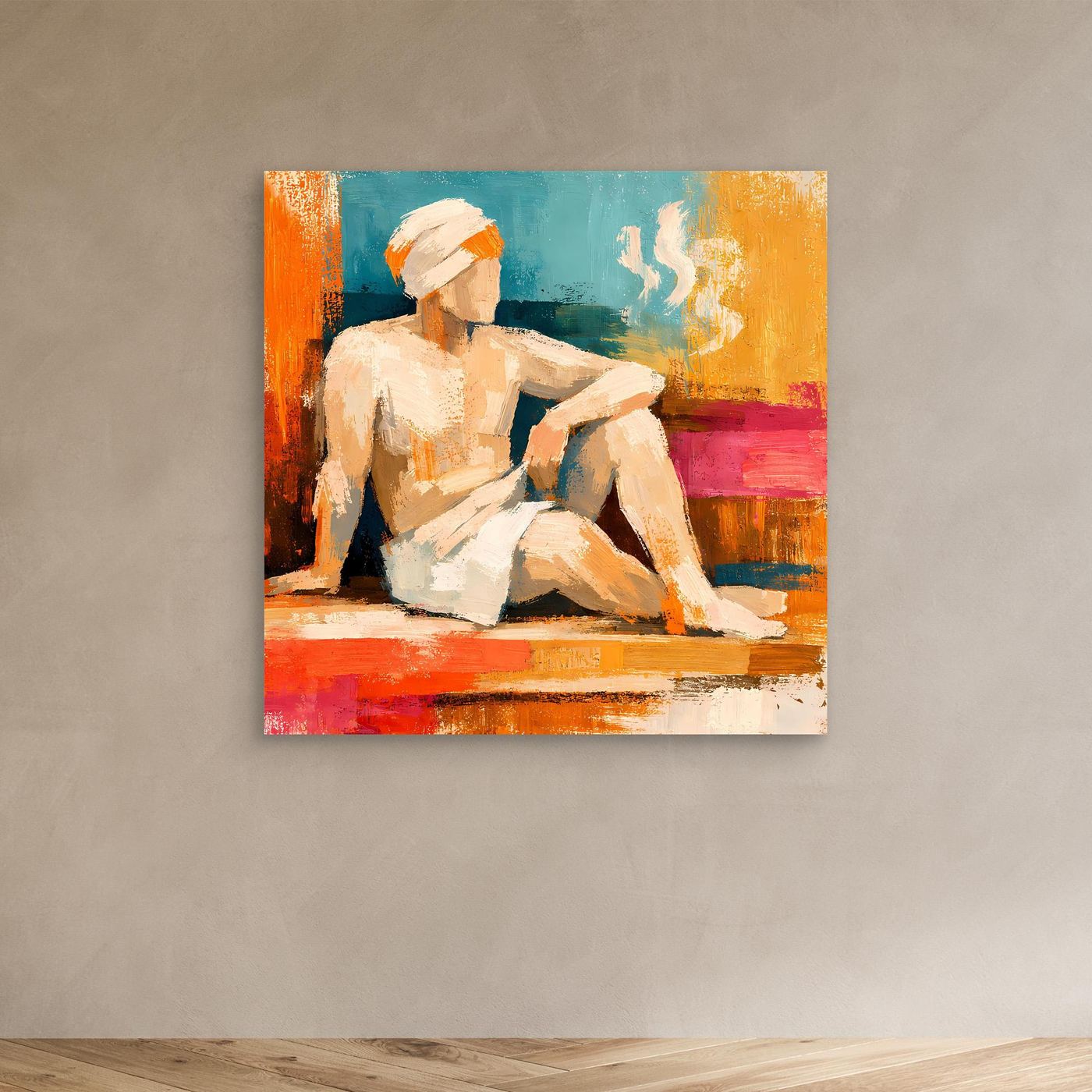 Abstract canvas wall art of a seated woman with white headscarf and glowing smoke